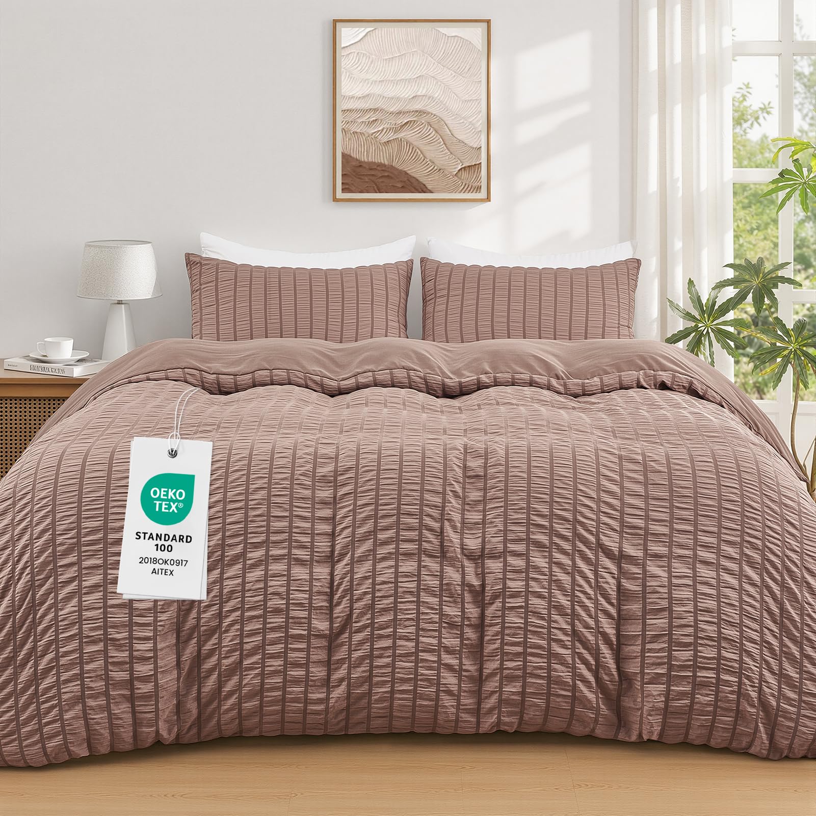 Duvetnova Taupe Seersucker Double Duvet Cover Sets OEKO-TEX Soft Breathable Microfiber Bedding Set with Zipper Closure All Season 200x200cm with 2 Pillow Cases