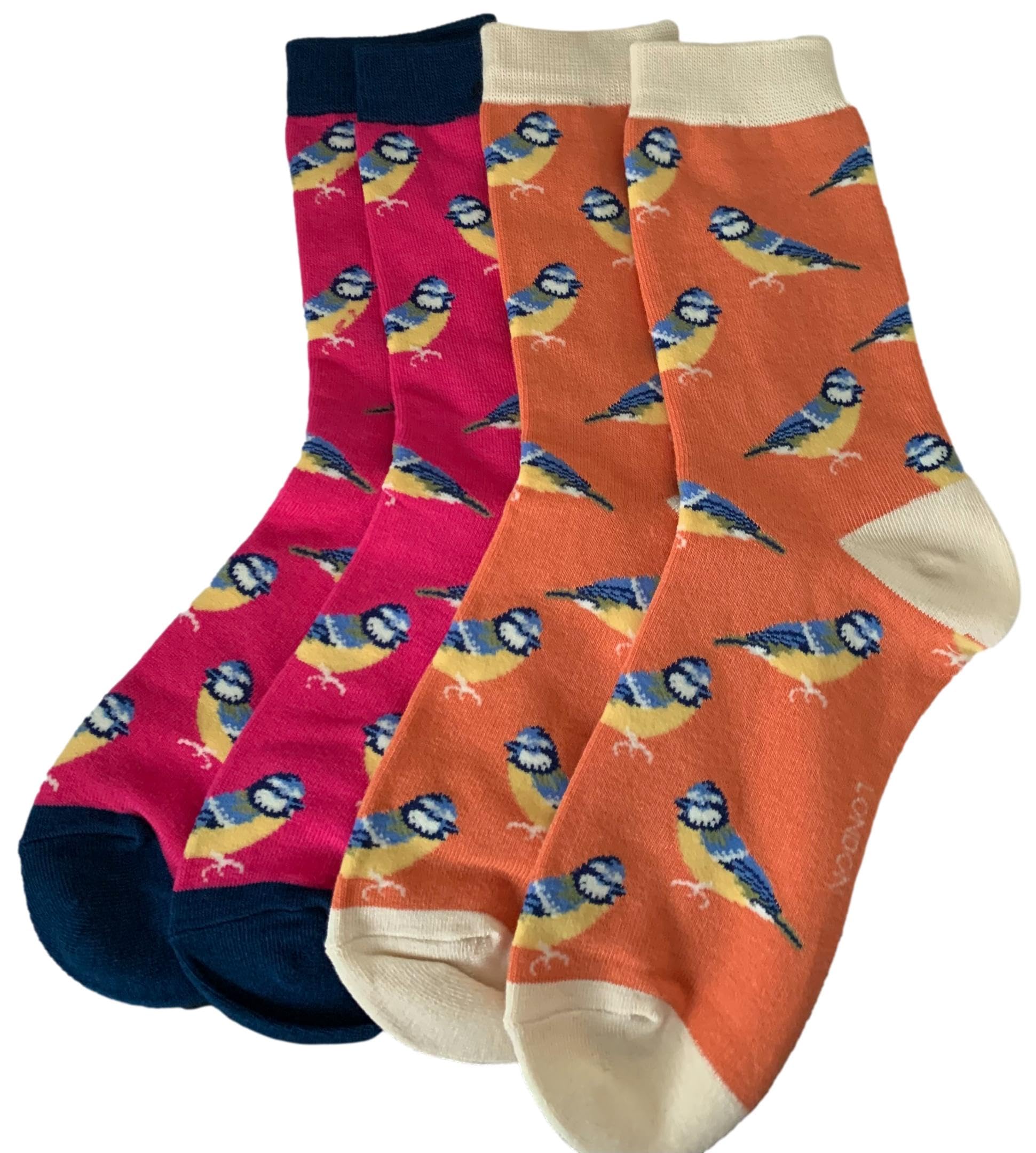 Purple Possum® Bird Socks Ladies Blue Tit Birds Bamboo Cotton Blend Shoe Size 3-7 Womens Novelty Socks (2 Pack Pink and Orange)