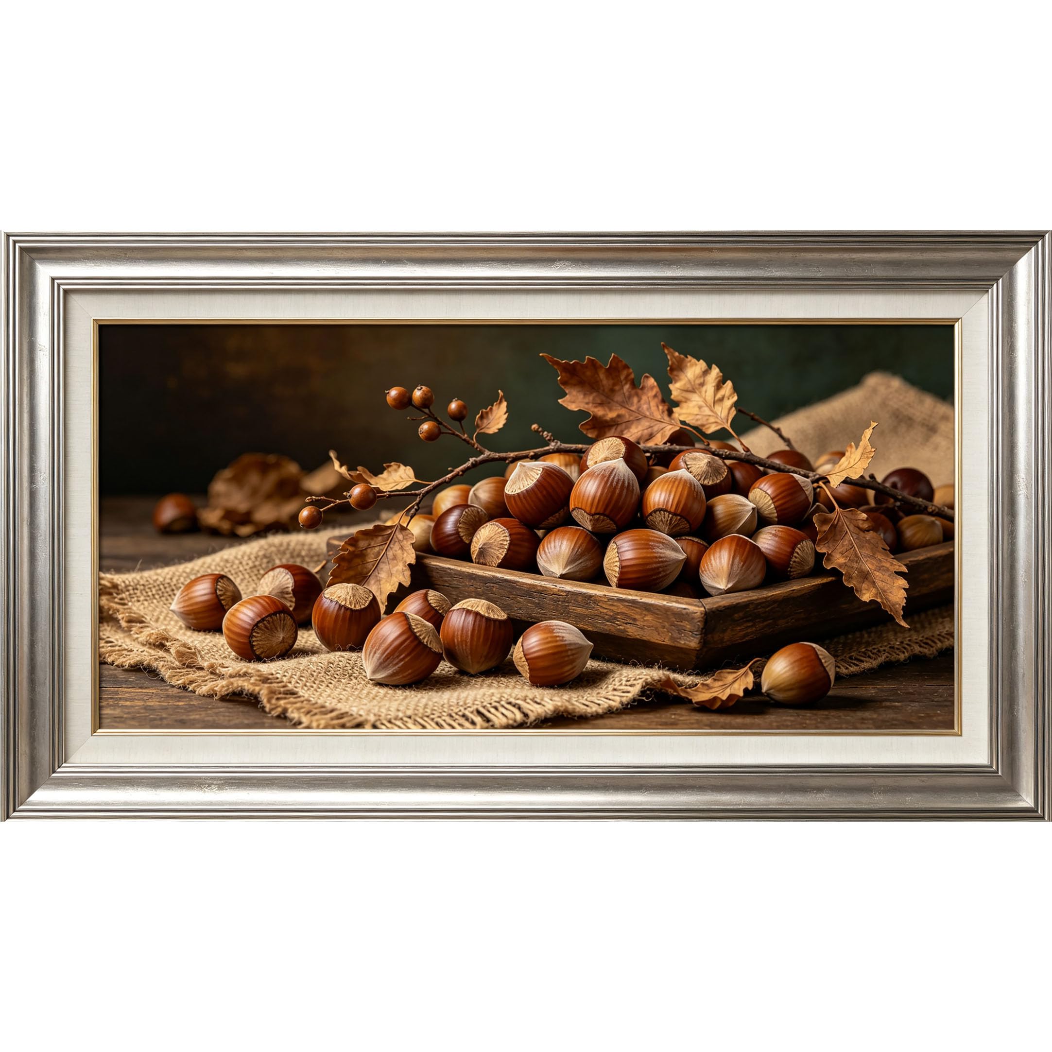 QZLITHOTIC 50x90cm3D Framed Wall Art， Autumn Hazelnut Still Life Botanical Self‑Adhesive Mural， Water‑Activated Peel & Stick Fabric Decor Wall Decal for Bedroom Living Room