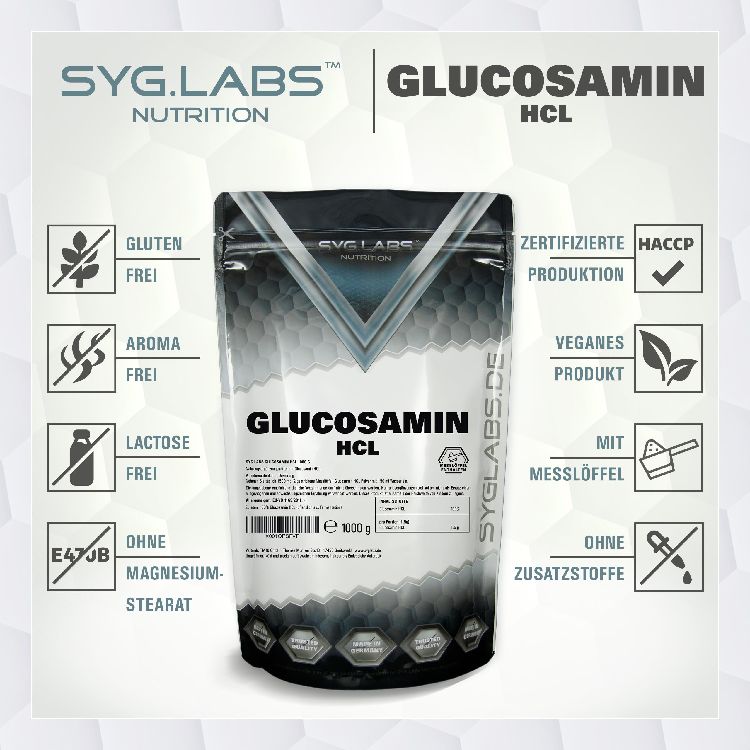 Glucosamin HCL - 1000g reines Glucosamin HCL Pulver - hochdosiert aus pflanzlicher Fermentation - 1kg vegan - Premium Qualität