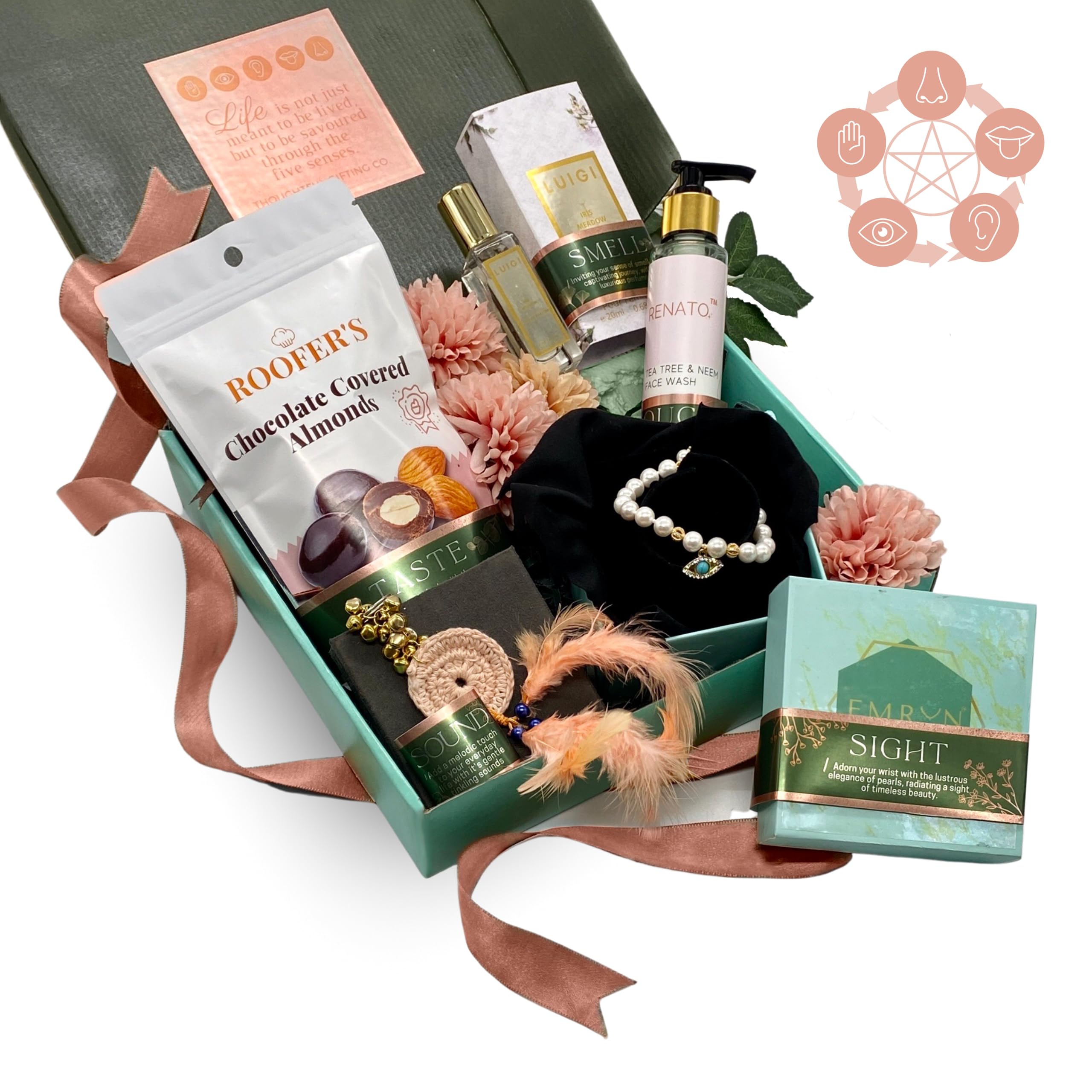 Thoughtful Gifting Co. Luxury 5 Senses Gift Set for Women | Curated Gift Hamper for Her | Consists of Jewellery, Chocolate, Perfume and Self Care