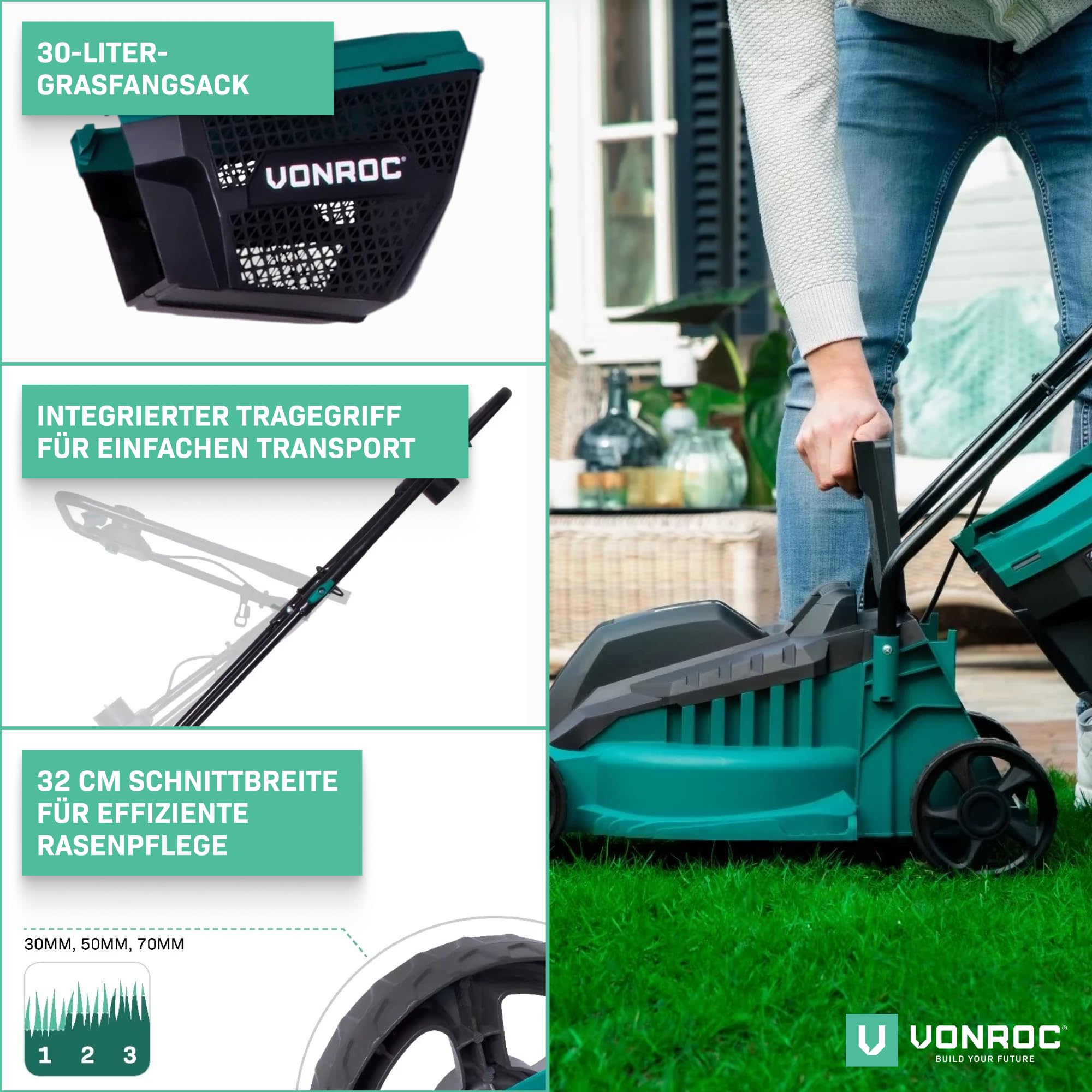VONROC Rasenmäher Elektro 1300W 32cm Schnittbreite einstellbare Schnitthöhe 30-70mm