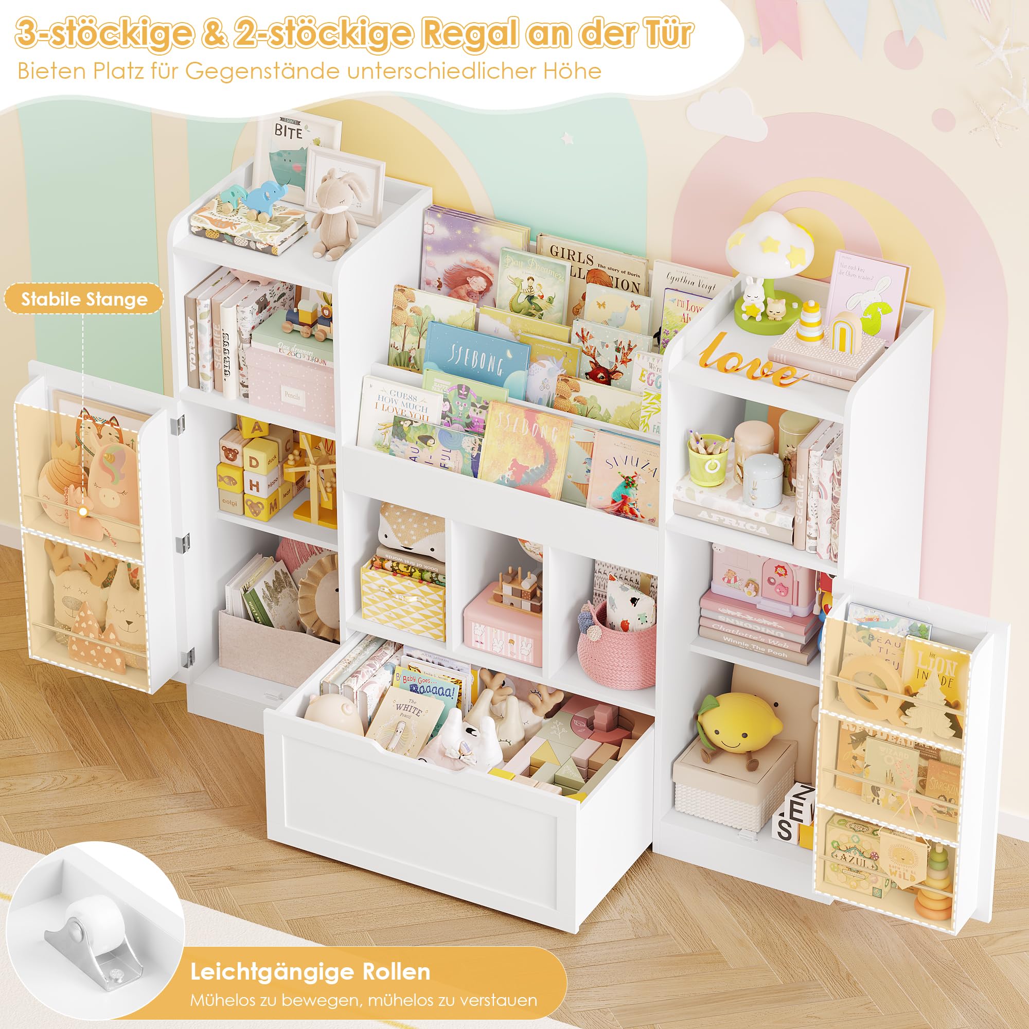 FOREHILL 140cm Breit Kinderregal, Kinderzimmer Möbel, Bücherregal Kinder | Kinderregal mit Boxen auf Rollen, Kindershrank mit 5 Einlegeböden, Spielzeugregal für Kindergarten, 140x108x30cm Weiß