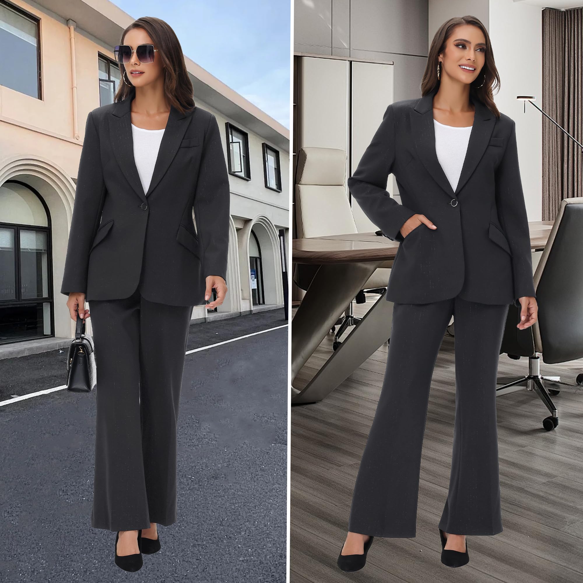 Completo donna 2 pezzi con blazer gessato e pantaloni eleganti bootcut, tailleur da lavoro e outfit business da ufficio