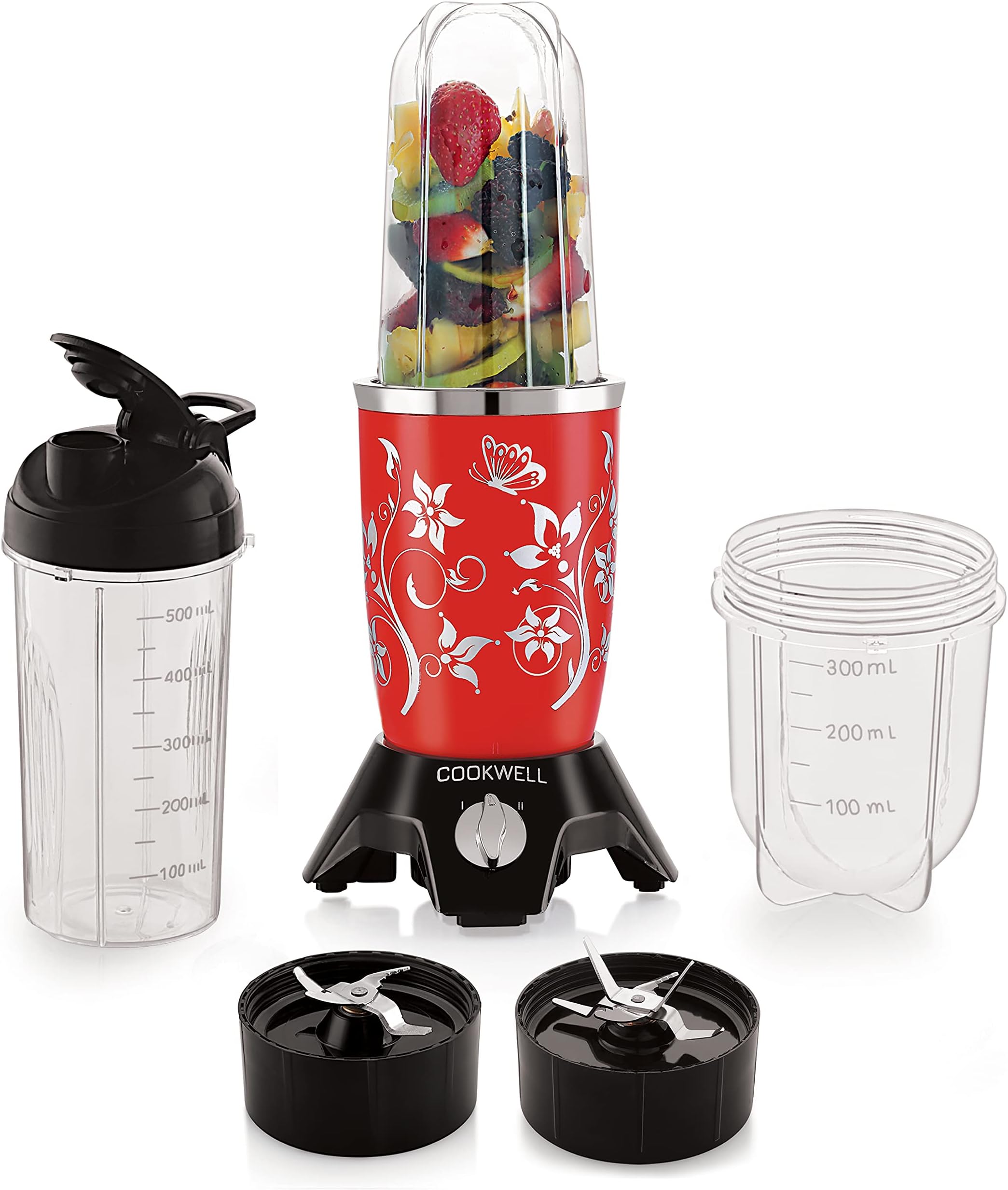 Cookwell Bullet Mixer Grinder (3 Jar, 2 Blade, Red) - Copper, 600 Watts - 2 Year Warranty
