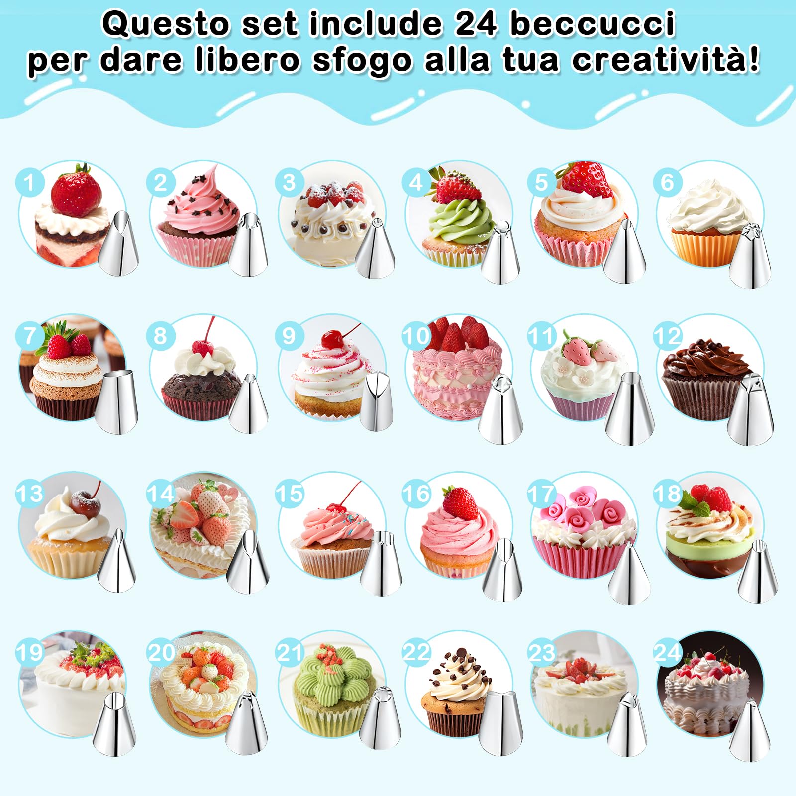 Kit per Decorare Torte, Piatto Girevole per Torte, Supporto Girevole per Torte con Palette Angolari, Raschietto, Pasticceria, 24x Punte, Pasticceria Accessori