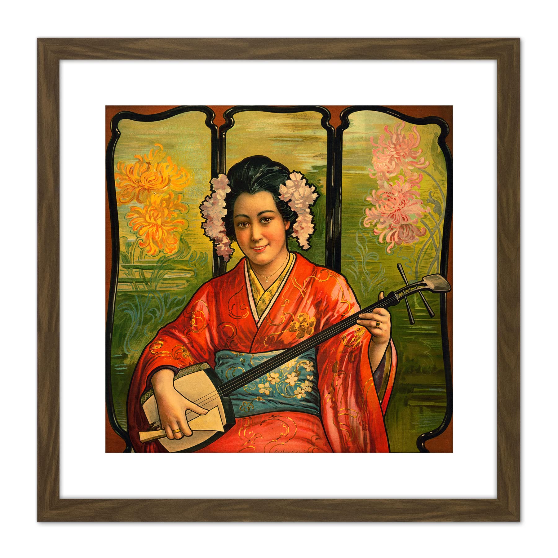 日本画 女性と花 木製フレーム