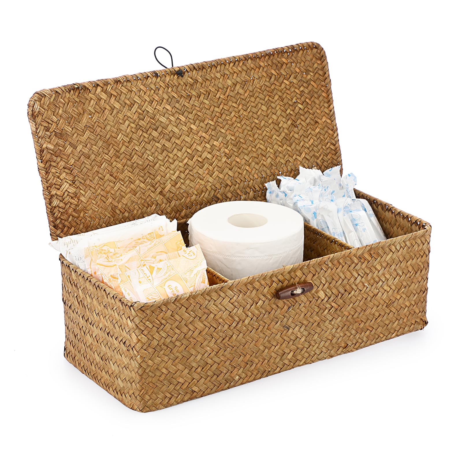 Sumnacon Cesta tejida pequeña para estantes, estantes de mimbre, cestas de almacenamiento con secciones, contenedor de almacenamiento de hierba marina con tapa para artículos de tocador de tampón