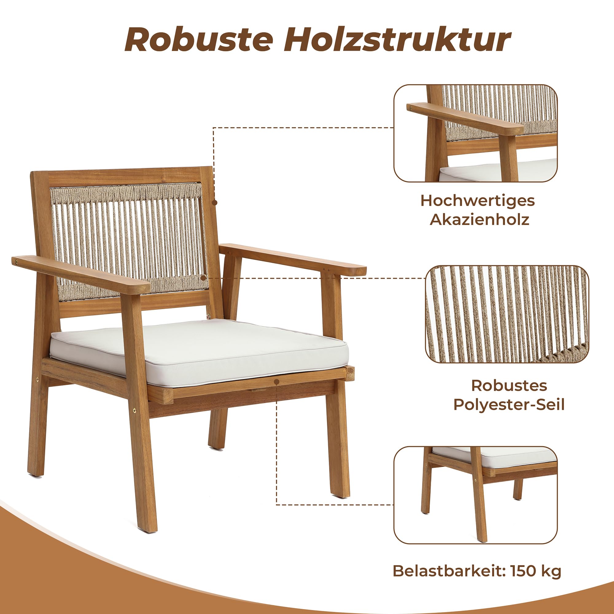 Hometopia Gartenstuhl Holz 2er Set mit Kissen Akazienholz, Outdoor Gartensessel mit Seilbespannung und Geflochtener Rückenlehne, Stabil bis 150kg für Balkon, Terrasse und Garten 64 x 64 x 75 cm