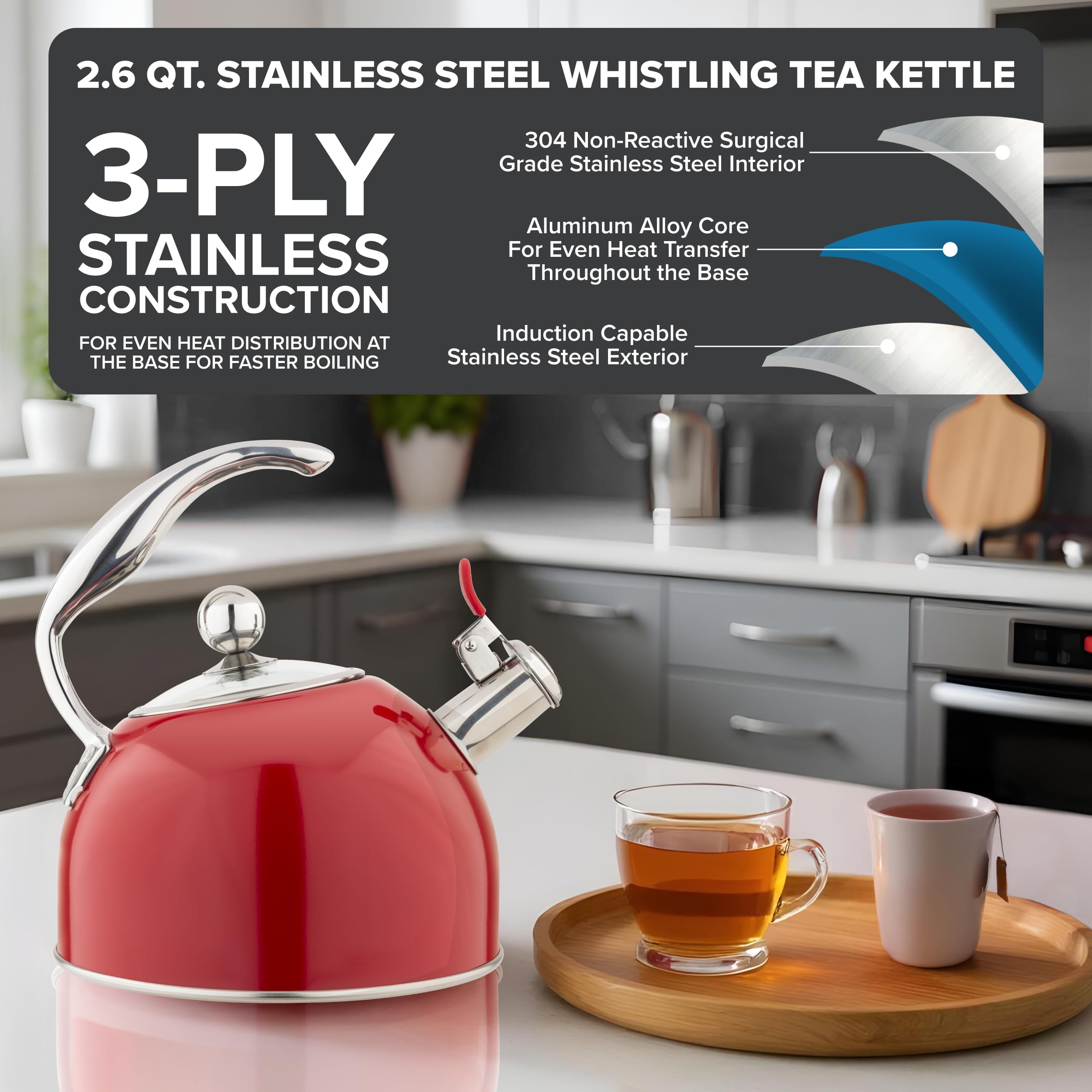 Viking 3-Ply Stainless Steel Tea Kettle, 2.6 Quart Stovetop Hot Water Pot with Tempered Glass Lid, Ergonomic Handle, Induction Ready, Red
