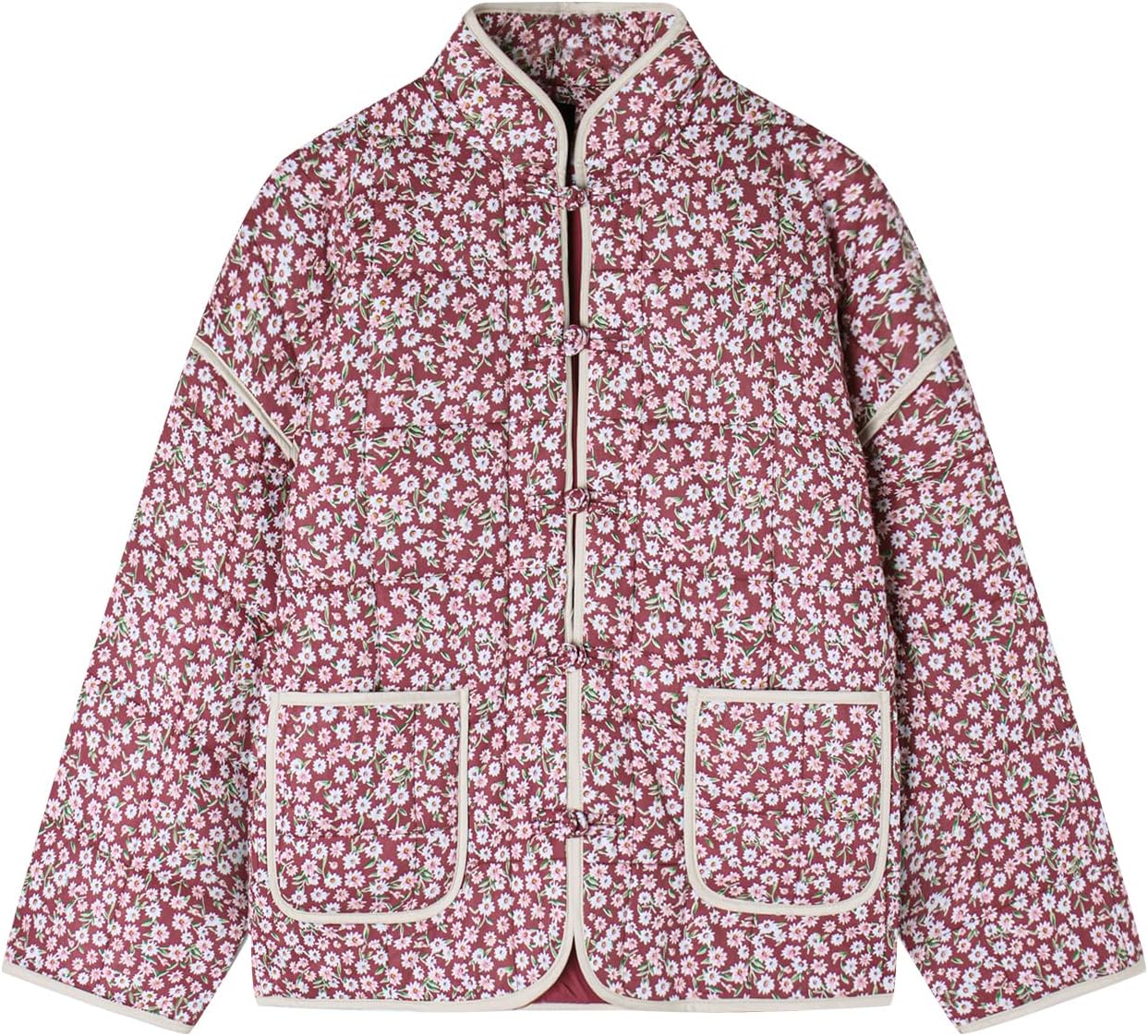 Muchpow Women's Cropped Quilted Puffer Jacket Floral Print Lightweight Long Sleeve Winter Coat Outwear