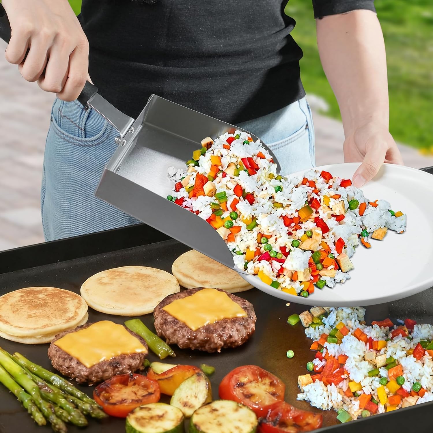 Griddle Food Mover Spatula Dome Set - Stainless Steel Spatula and Cover for Rice, Vegetables and More, Perfect BBQ Tool, Cookouts, and Griddles, Large Scoop Scooper fits for Blackstone Griddle