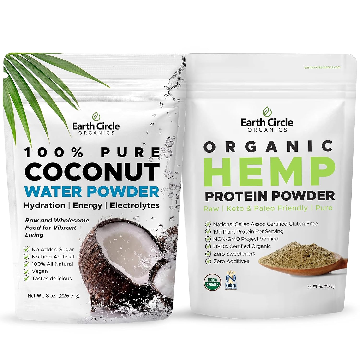 Earth Circle Organics Coconut Water Powder and Hemp Protein Powder Bundle - Premium Hydration and Muscle Recovery - Vegan, Gluten-Free, Versatile for Smoothies, Shakes & Baking
