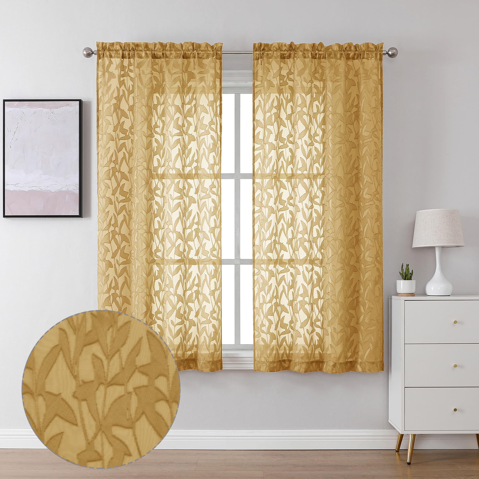 Lecloud Leia Sheer Curtains 2 Panels Light Filtering Jacquard Voile Curtains with Leaf Pattern, Double Rod Pockets, Bedroom Living Room, 40x63 Inch, Dark Gold