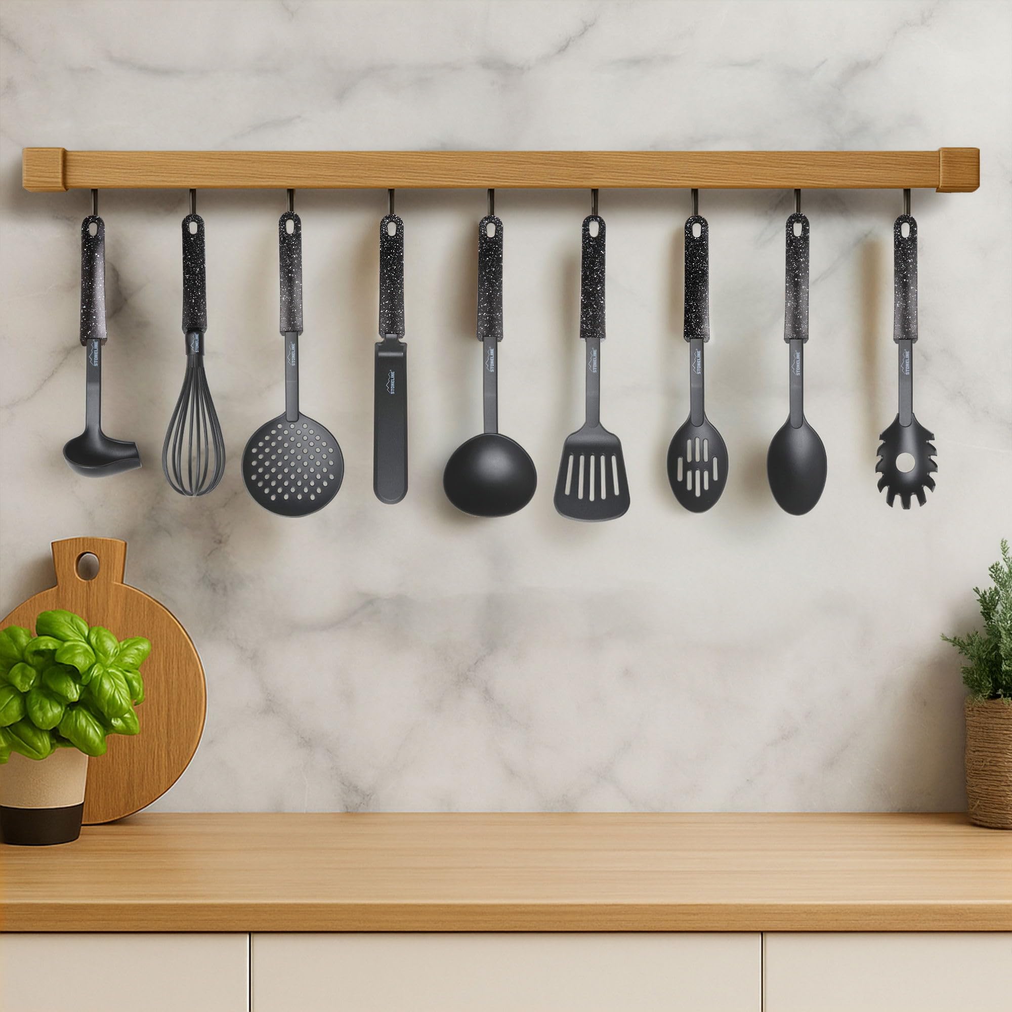 STONELINE Juego de 9 Utensilios de Cocina con Soporte Integrado al Mango, de Nylon Resistente al Calor para Ollas Sartenes Antiadherentes Utensilio Cocina Espátula Cucharón Varillas Cuchara Espumadera