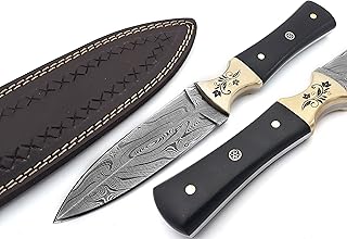 Nooraki DK-340 Handmade Damascus Steel Fixed Blade Knife with Leather Sheath, Full Tang Multipurpose Knife with Black Micarta and Brass engraved Bolster Handle for Hunting, Hiking, Camping, Survival - Nooraki