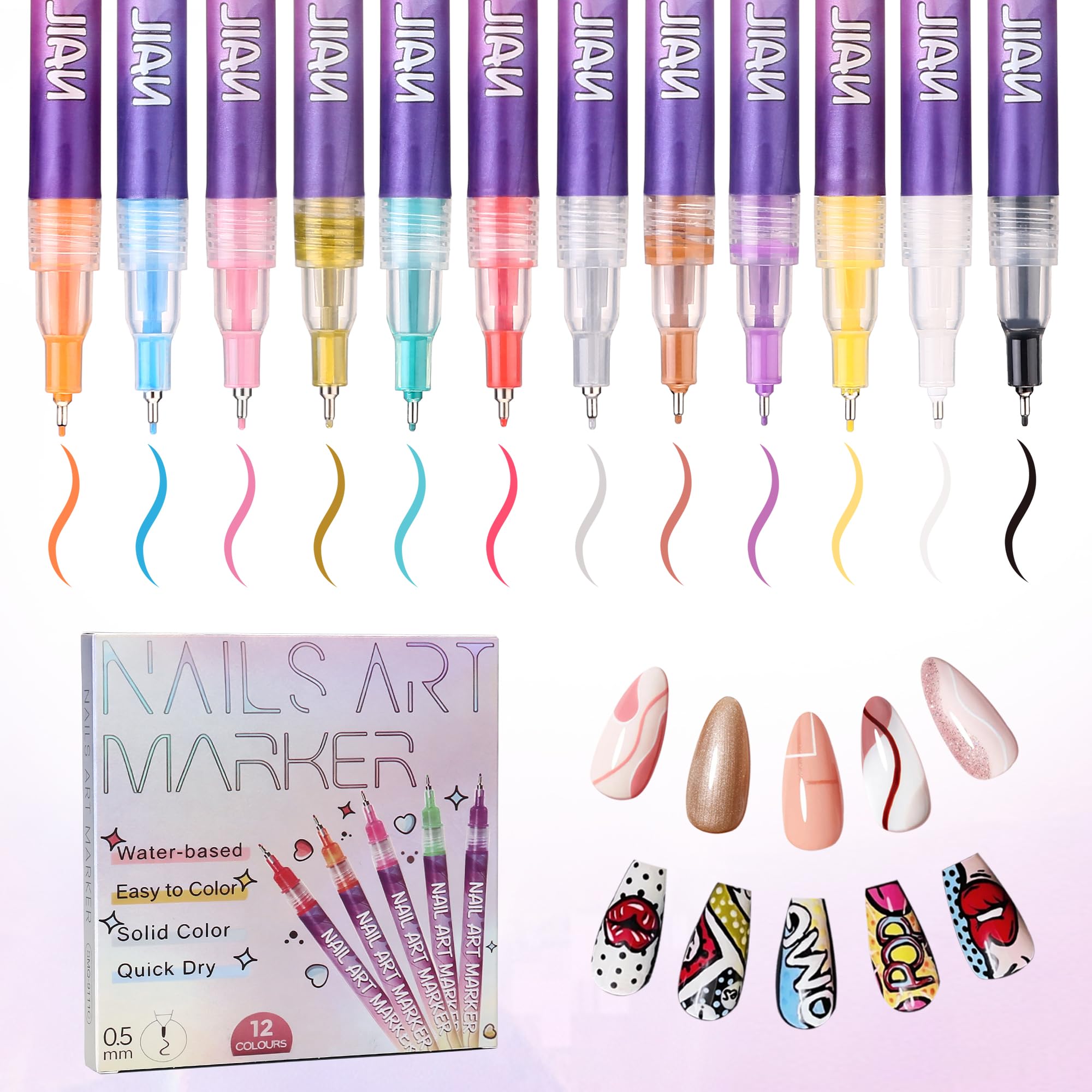 12 Colors Nail Art Pens Set Fine Tip Liner Brush Nail Polish Pens Quick Dry 3D Acrylic Graffiti