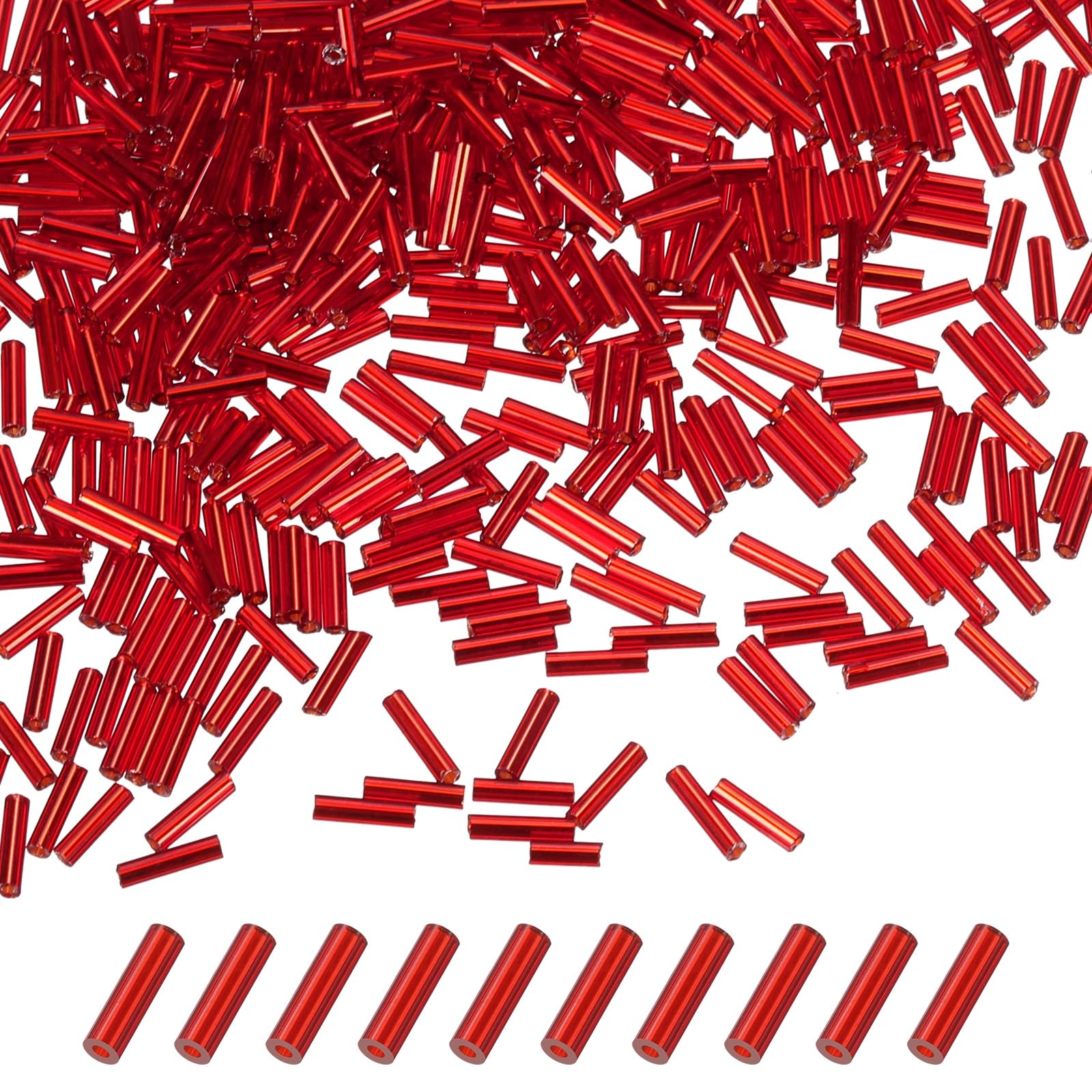 M METERXITY 1800-Pack Bugle Beads, 2x7mm Embroidery Craft Glass Bugle Tube Seed Beads for DIY Craft/Bracelet/Necklaces [Red]