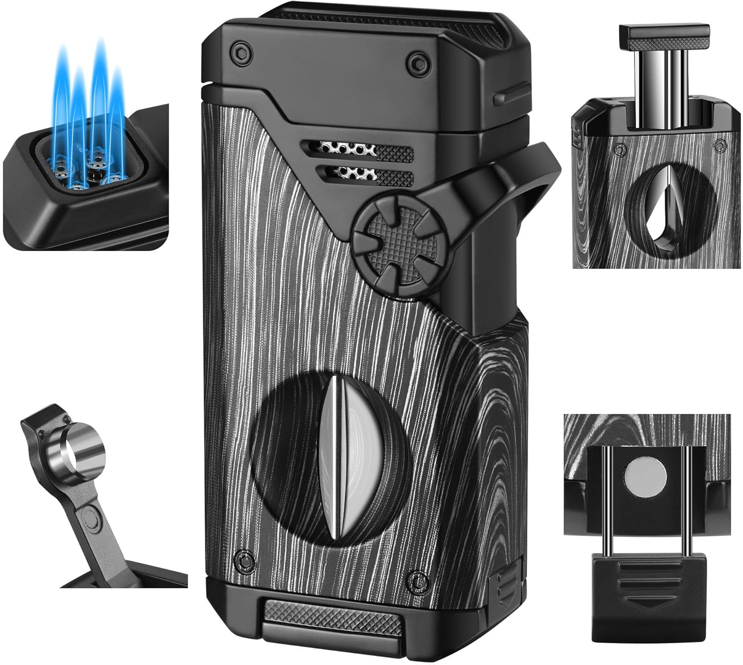 5-in-1 Torch Lighter with V Cutter Holder Punch and Draw Enhancer Tool,Four Windproof Jet Flame Multi-Functional Lighter,Refillable Butane Lighter with Gift Box for Men Mahogany,Without Butane