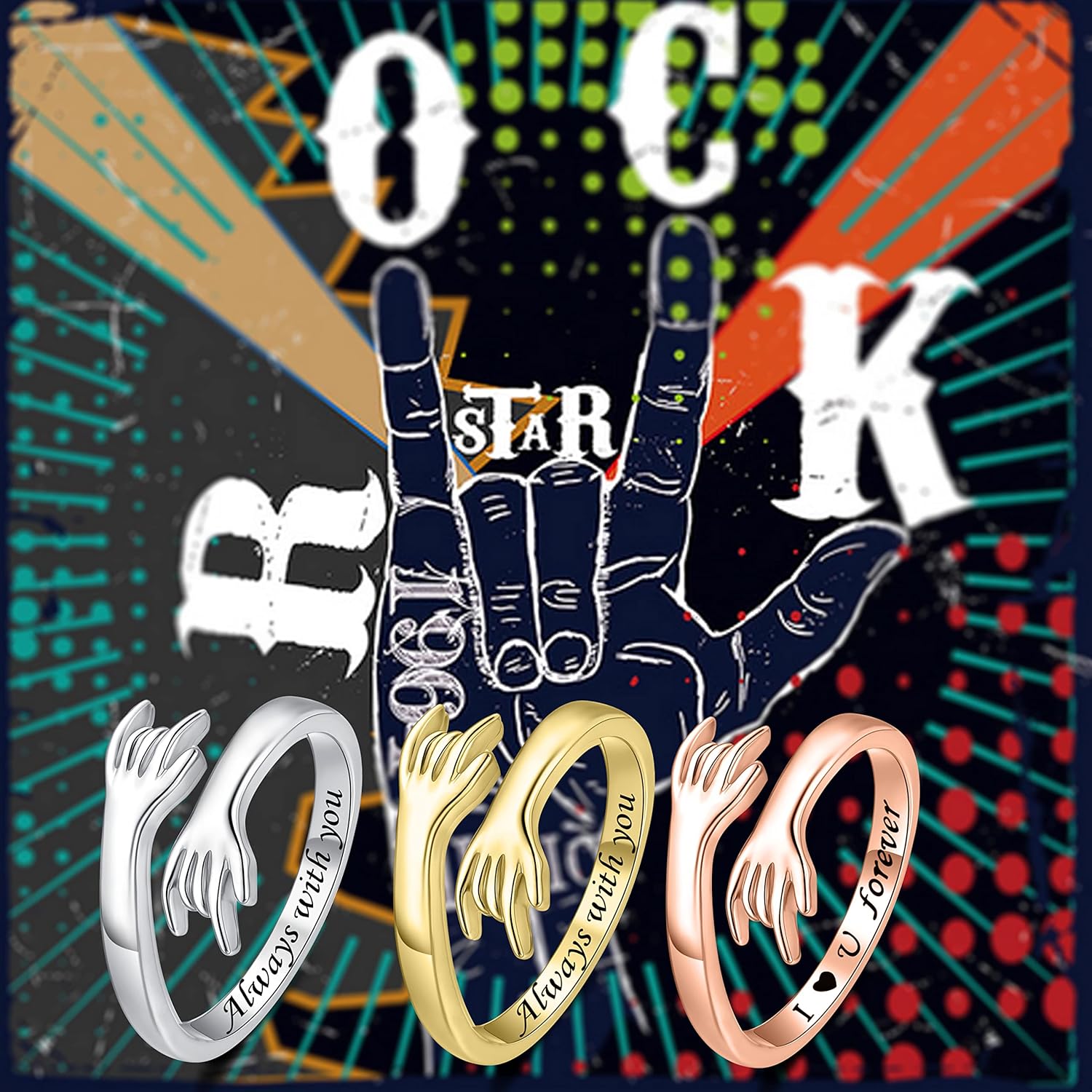 ZOEXUE Hug Rings for Women Sterling Silver - White Gold/18K Gold/Thick and Thin Ring Hugging Rings for Men Rock Hip Pop Hand Band Rings I Love You Forever Hugging Hand Ring Jewelry - Image 2