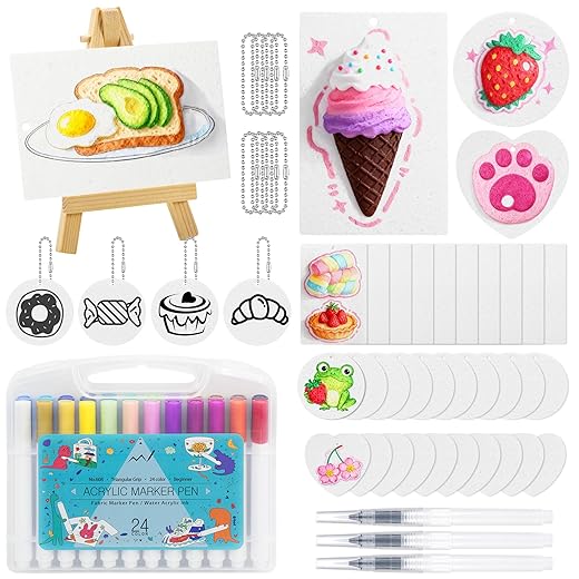 Magic 3D Foam Texture Painting Kits - 62PCS Puffy DIY Magical Floating Drawings Paint with Water Including 24 Puff Textured Paper 24 Color Acrylic Markers Pen Heart Shaped Sponges for Crafts Kids