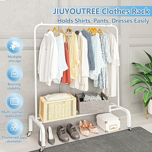 Miniatura 47 de JIUYOTREE Perchero de metal para ropa de 43.3 pulgadas con estante inferior, perchero para colgar ropa, abrigos, faldas, camisas, suéteres, gris
