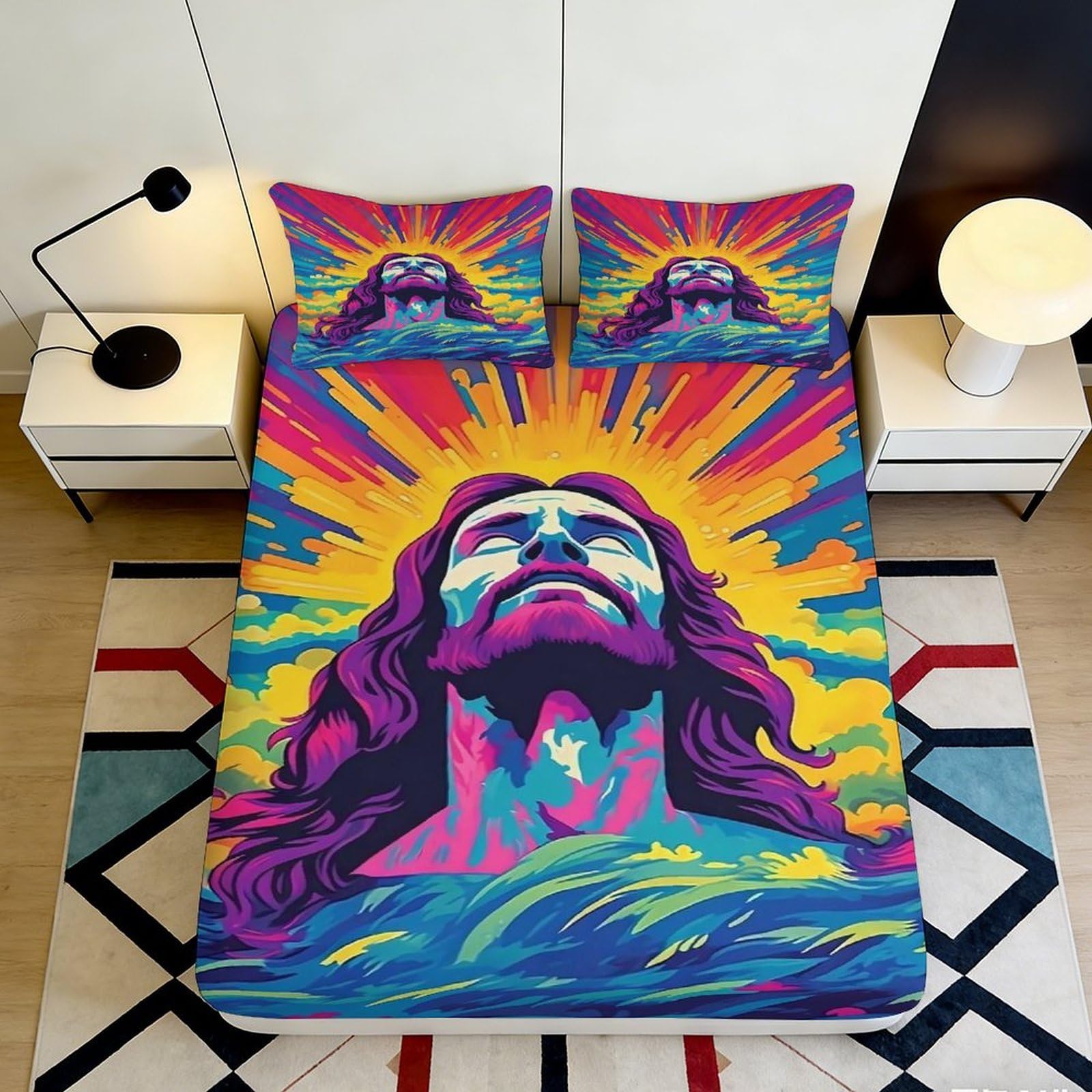 3D Printed Vibrant Jesus Art Fitted Sheet Microfiber Decorative Sunburst Bed Cover for Bedroom Dorm Guest Room Mattress Protection 90x200x25cm