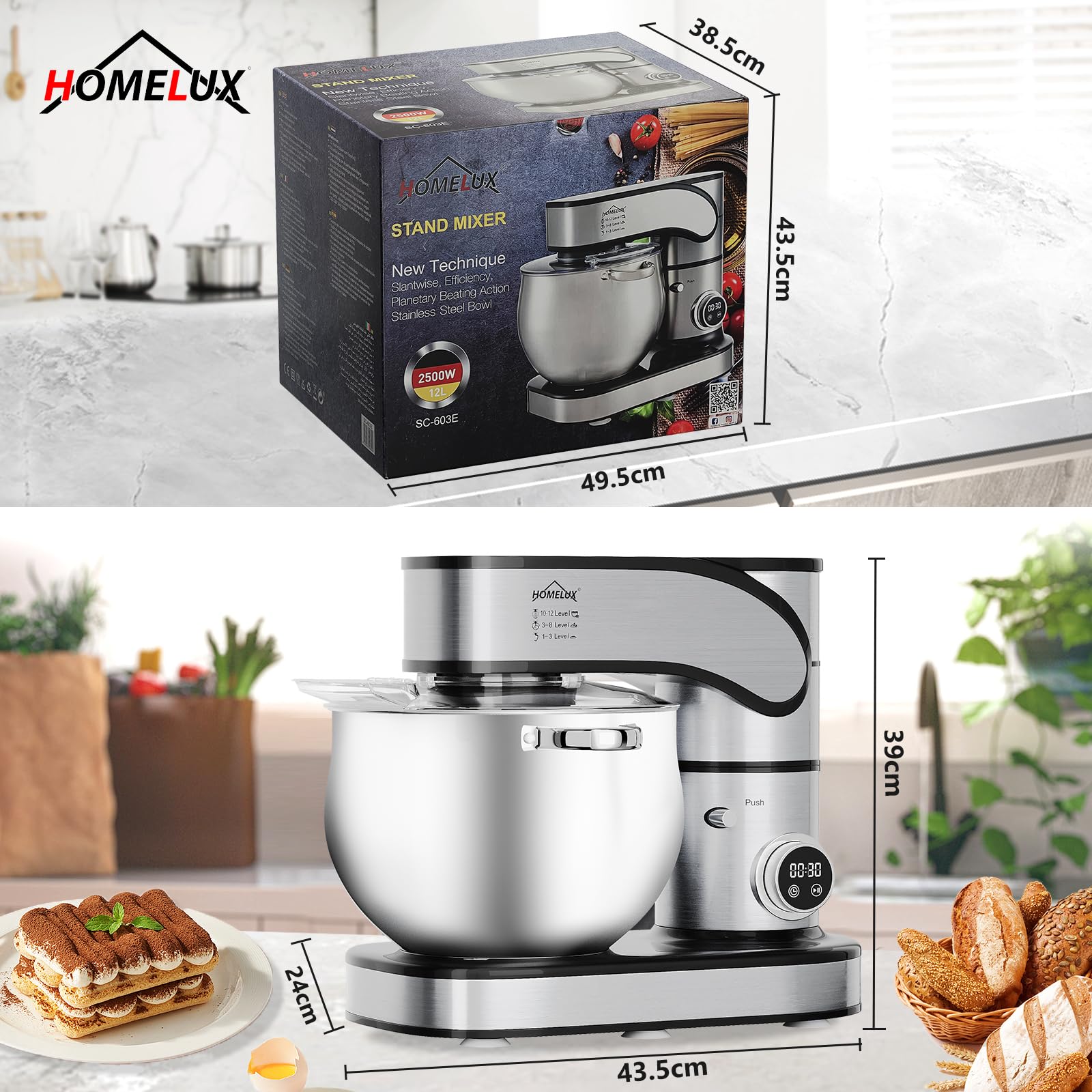 HOMELUX Robot kuchenny 2500 W, maszyna do ugniatania z miską ze stali nierdzewnej o pojemności 12 litrów, 12 stopni prędkości, ekran dotykowy LED, trzepaczka, hak do zagniatania, trzepaczka, szpatułka