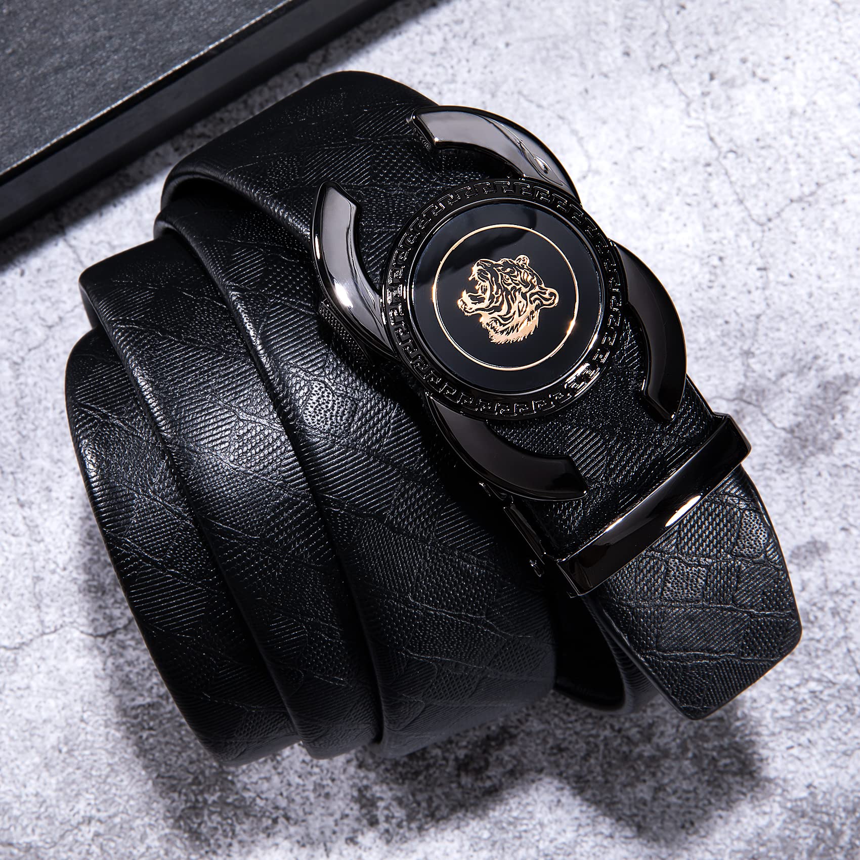 Dubulle Men's Designer Belt Black Tiger Buckle Ratchet Genuine Leather Adjustable Golf Sliding Removable Gift