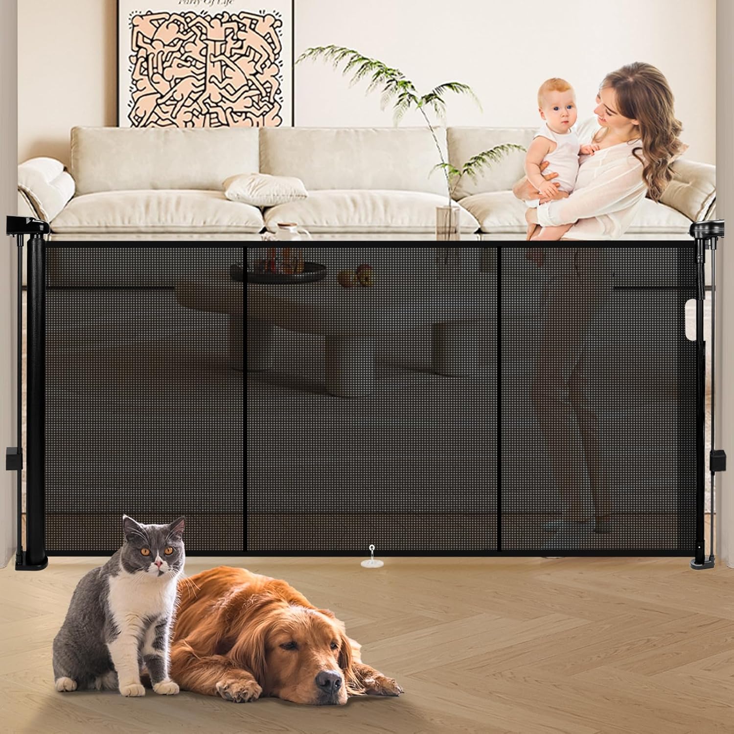 55" Retractable Baby Gate Extra Wide, 41" Tall Retractable Dog Gate for Stairs, Doorways, Decks, Mesh Gate Long Child Gate Pet Gate for Indoor, Outdoor, with Reinforced Mesh Rods, Dual Locks Black 55"