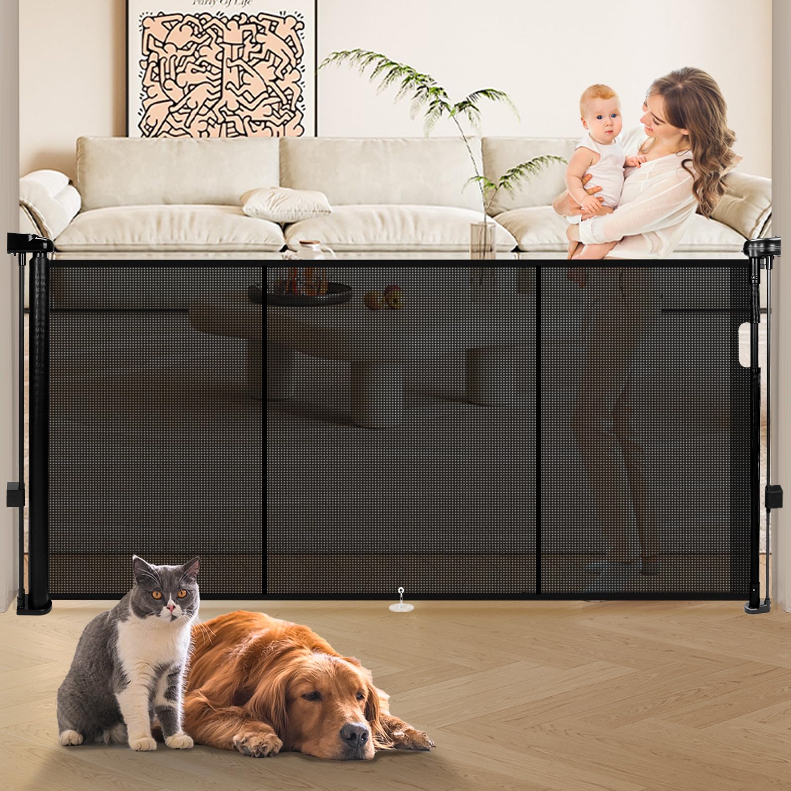 81" Retractable Baby Gate Extra Wide, 41" Tall Retractable Dog Gate for Stairs, Doorways, Decks, Mesh Gate Long Child Gate Pet Gate for Indoor, Outdoor, with Reinforced Mesh Rods, Dual Locks