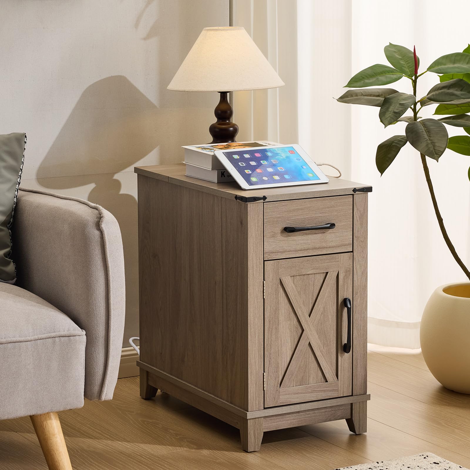 EROMMY Farmhouse End Table with Charging Station, Narrow Side Table for Living Room, Nightstand with Drawer and Storage Cabinet, Adjustable Shelf,