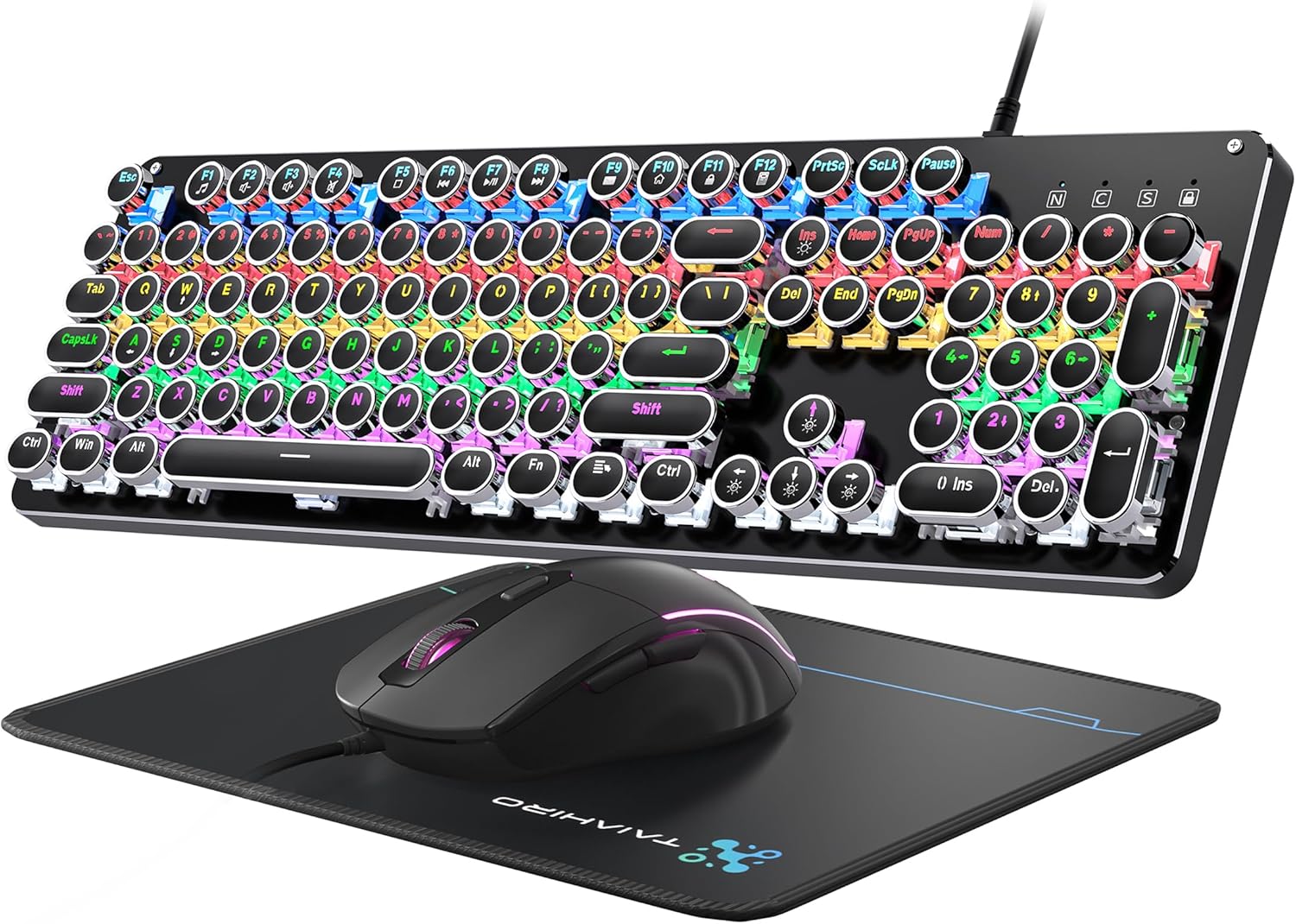 Typewriter Mechanical Gaming Keyboard and Mouse, 104-Key Full Size Retro Keyboards Metal Panel Punk Round Keycap Clicky Blue Switch with RGB Backlit Mouse and Pad Combo for PC Laptop Mac Gamer, Black Typewriter Mechanical Gaming Keyboard and Mouse, 104-Key Full Size Retro Keyboards Metal Panel Punk Round Keycap Clicky Blue Switch with RGB Backlit Mouse and Pad Combo for PC Laptop Mac Gamer, Black