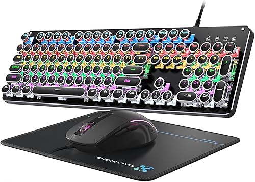 Teclado mecánico y mouse para juegos de máquina de escribir, teclados retro de tamaño completo de 104 teclas, panel de metal, tecla redonda punk,