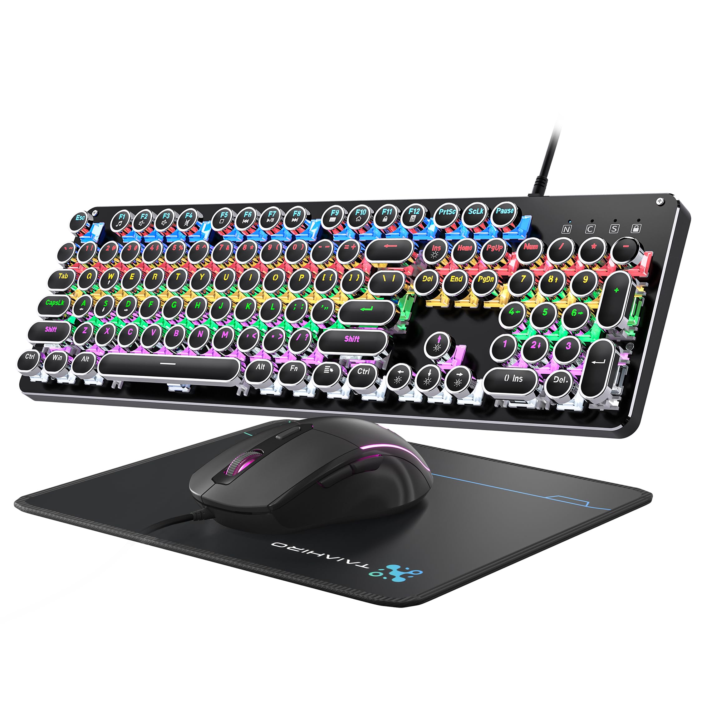 Typewriter Mechanical Gaming Keyboard and Mouse, 104-Key Full Size Retro Keyboards Metal Panel Punk Round Keycap Clicky Blue Switch with RGB Backlit Mouse and Pad Combo for PC Laptop Mac Gamer, Black-image-38