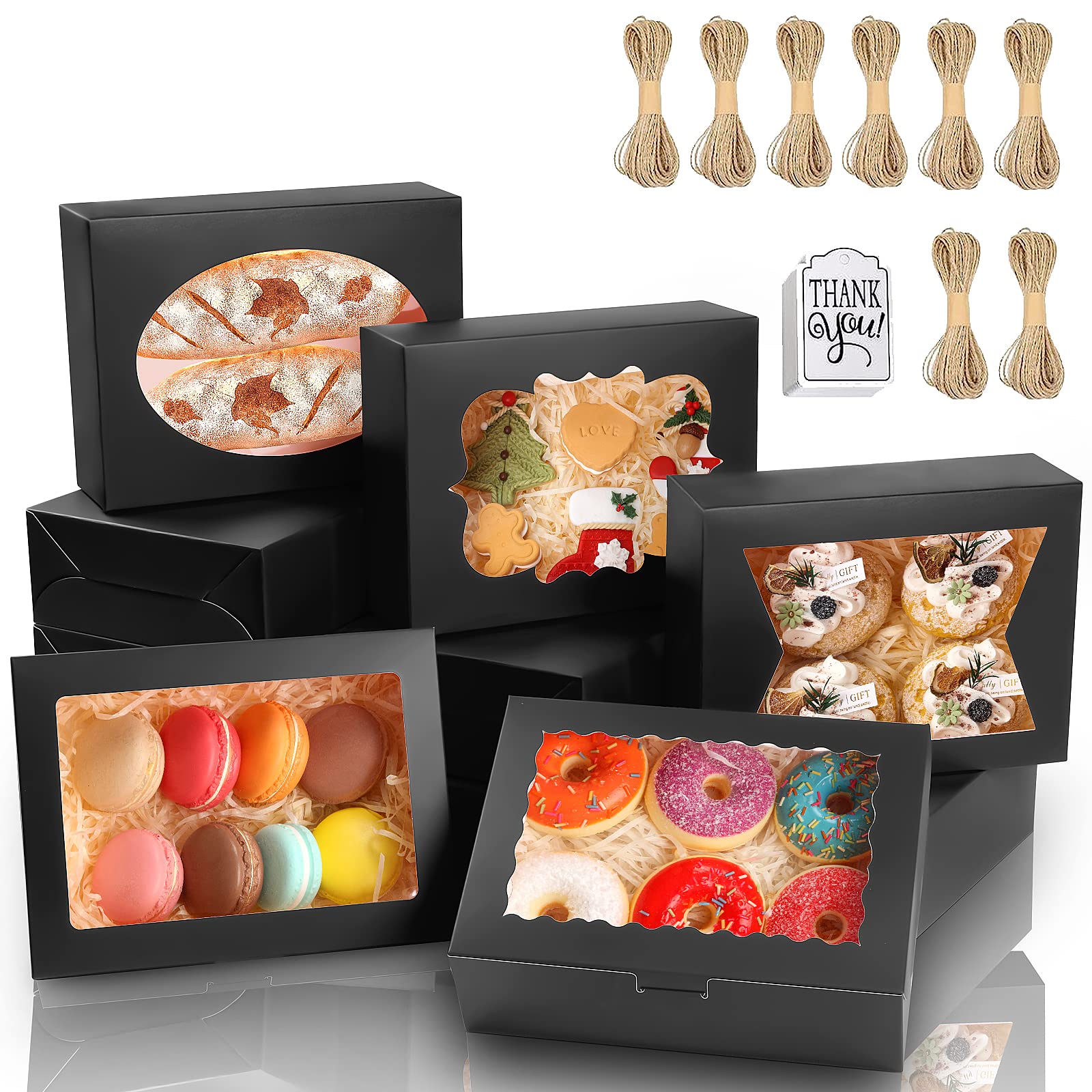 KPOSIYA 65 cajas de galletas de 8 x 6 x 2.5 pulgadas con ventana, cajas de panadería negras para regalo, golosinas, postres, cupcakes, chocolate, fresas, donas, magdalenas (5 ventanas de estilo)