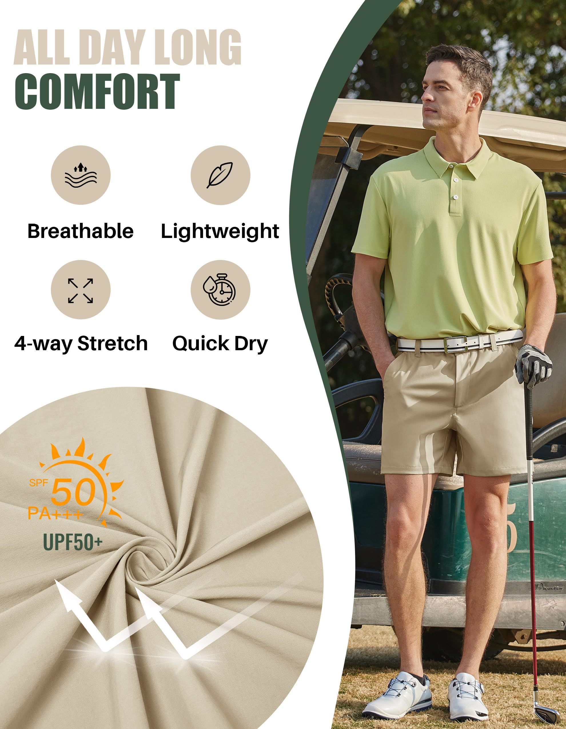PULI Pantalones cortos de golf para hombre con entrepierna de 5 pulgadas, elásticos, casuales, con bolsillos, impermeables, ligeros, de secado rápido