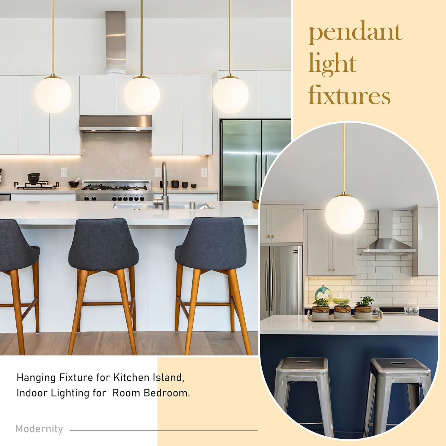 bagood 8" globe pendant light gold 2 pack mid century pendant light globe pendant lights kitchen island brushed brass finished with milk glass adjustable ceiling light fixtures for dining room bar opal & brass-2 pk 8 inch