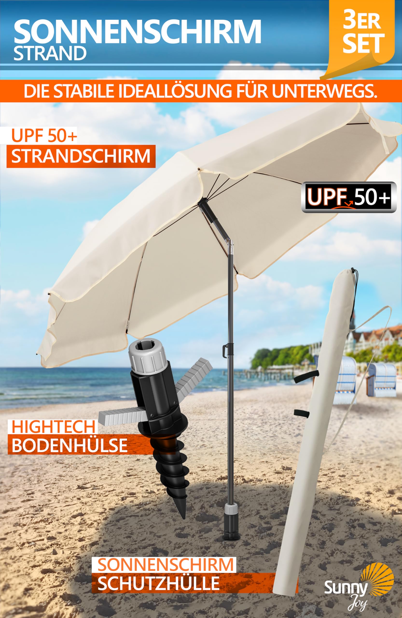 4smile Sonnenschirm Strand SunnyJoy, 3-in-1 SET, Beige - UPF 50+ Strandschirm Ø 180 cm + Sonnenschirm-Bodenhülse + Sonnenschirmhülle - Komplettes Sonnenschutz Strand Set