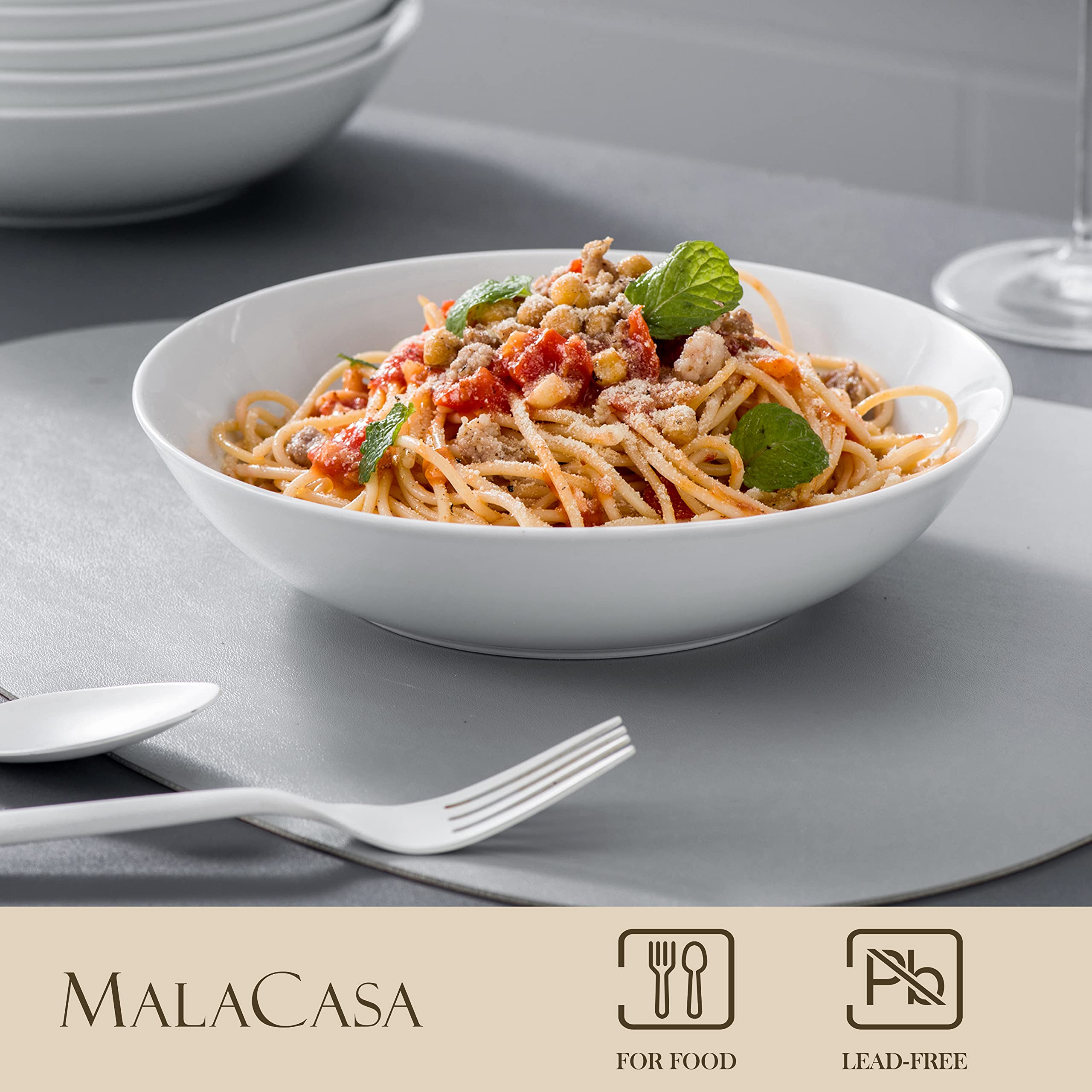 MALACASA Set di 6 Ciotole in Porcellana da 900 ml, 20,6 x 4,8 cm, Insalatiere Eleganti e Resistenti, Perfette per Pasta, Zuppe, Insalate e Dolci, Adatte a Microonde e Lavastoviglie, Colore Bianco