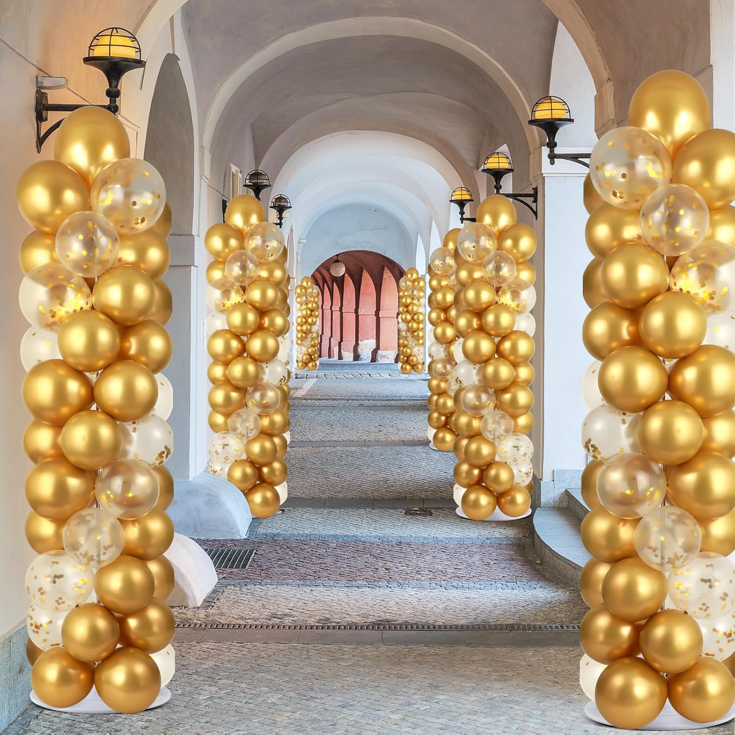 2 Sets Metallic Gold Balloon Column Stand Kit with 100 Balloons Adjustable Balloon Tower Stand with Bases for Floor Gold Confetti Balloons Column Kit for Shower Birthday Wedding Back to School Party