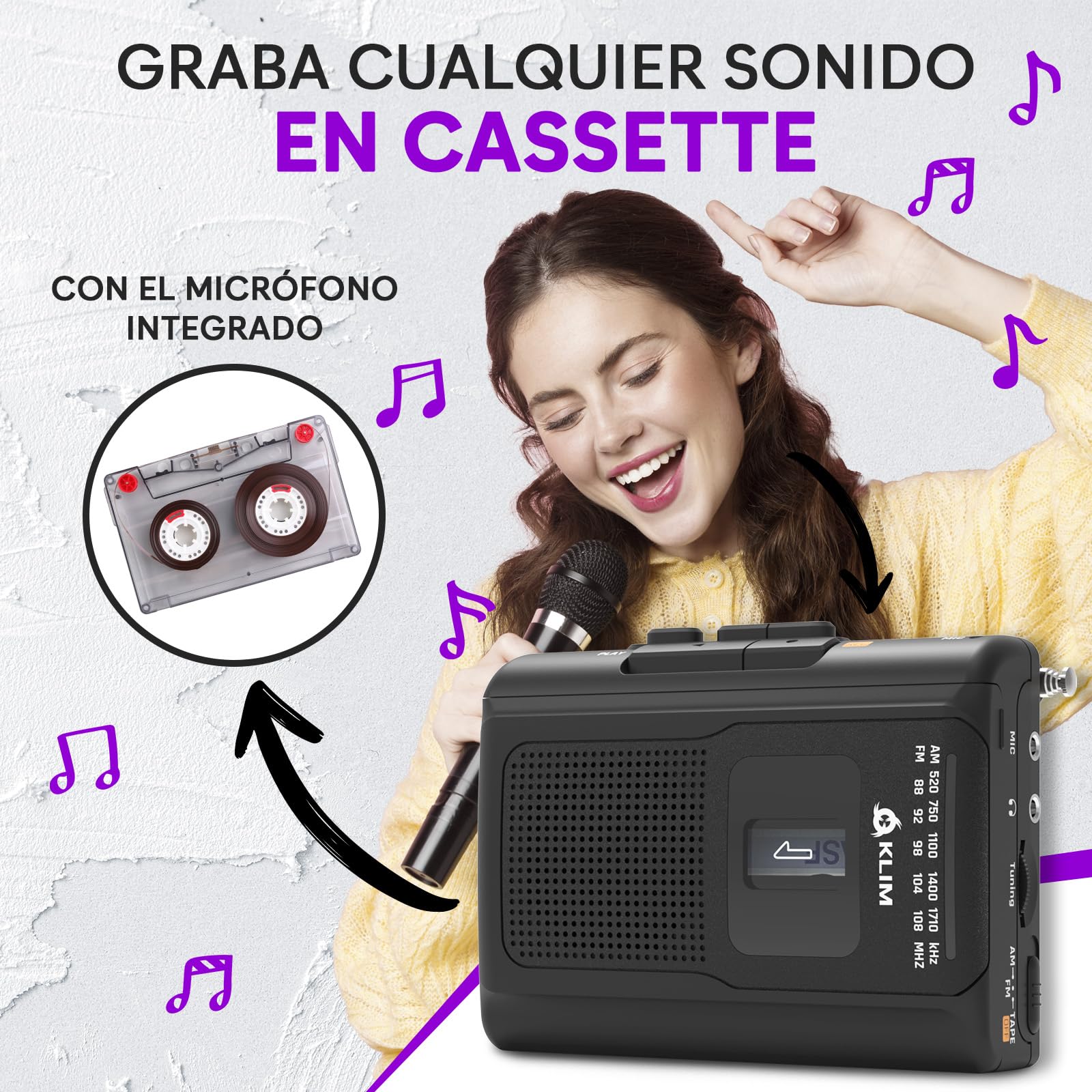 KLIM K8 Reproductor Cassette - Nueva versión - Cassette Player - Am/FM Radio - Micrófono y Altavoz Integrados - Conector para Auriculares y Auriculares - Negro