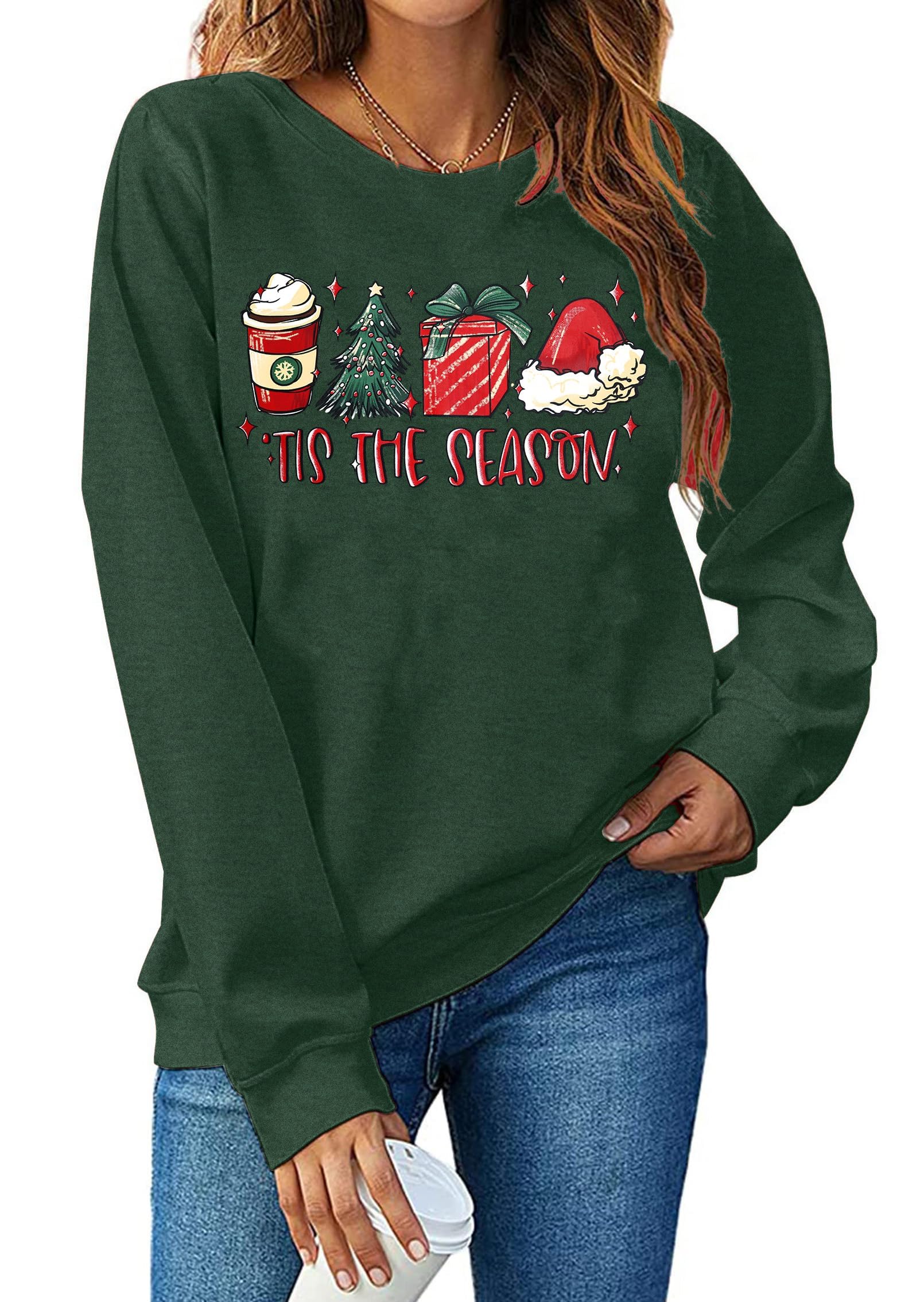 PECHAR Christmas Sweatshirts Women Tis The Season Xmas Shirt Christmas Tree Graphics Tees Holiday Long Sleeve Pullover Tops