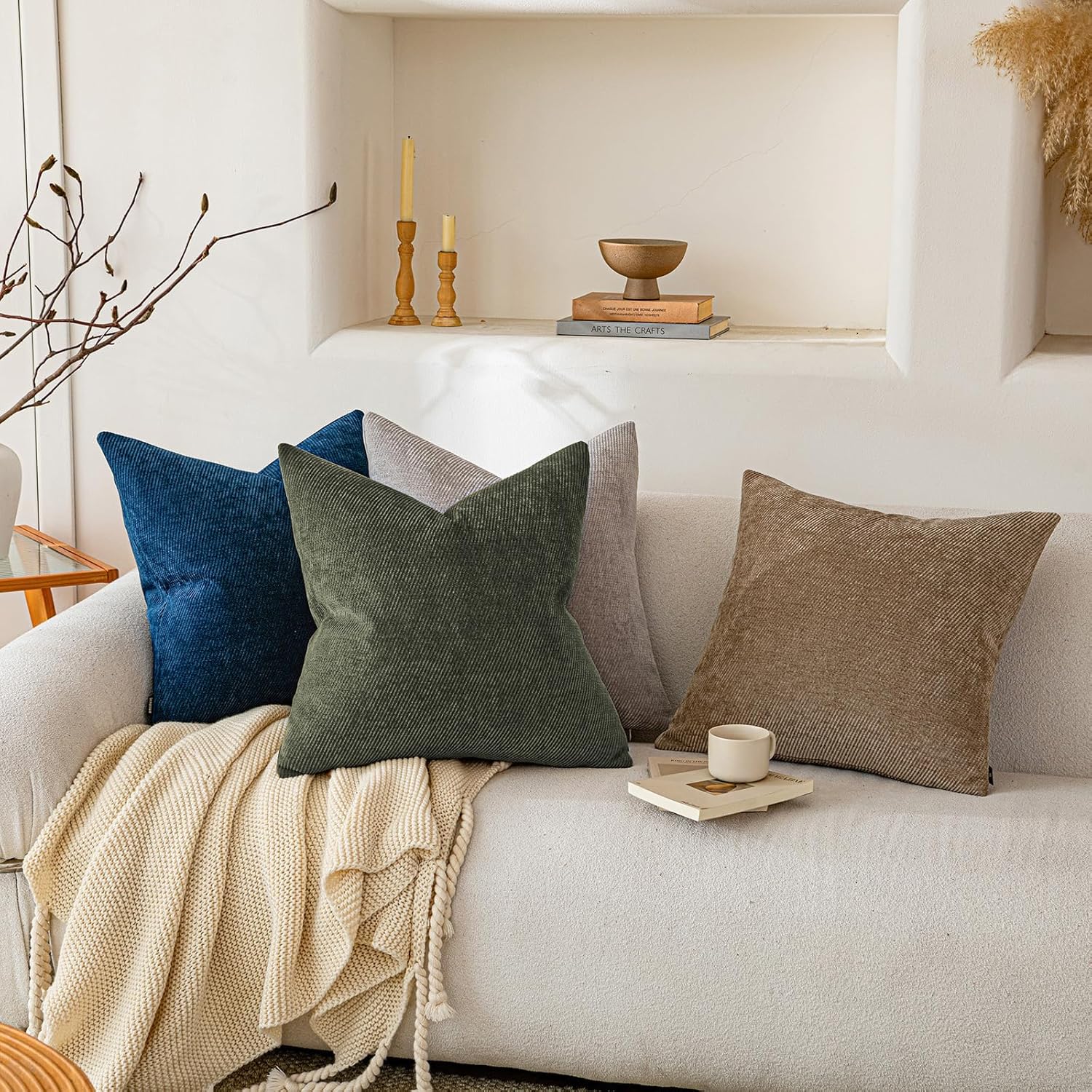 a moment Pack of 2 Decorative Chenille Throw Pillow Covers with Twill Cushion Covers for Sofa Living Room Couch Bed 24x24 Inch Olive Green
