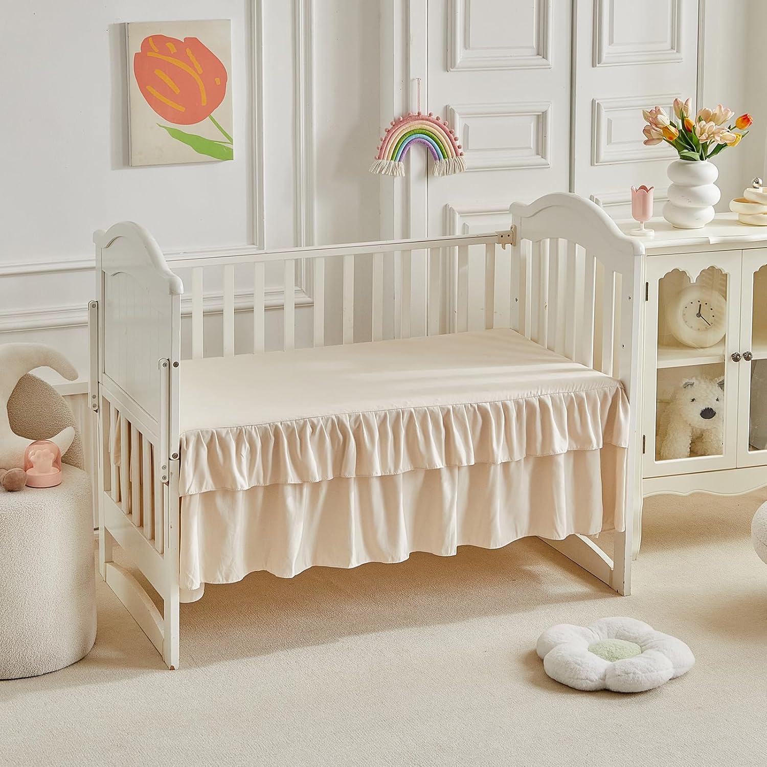 Ruffled Crib Bedding Set Floral Design 3 Pieces Baby Boho Quilted Comforter with Fitted Sheet and Bed Skirt - Cute Ruffled Shabby Chic Baby Bedding Soft Blanket Design UCBS-7RM-01