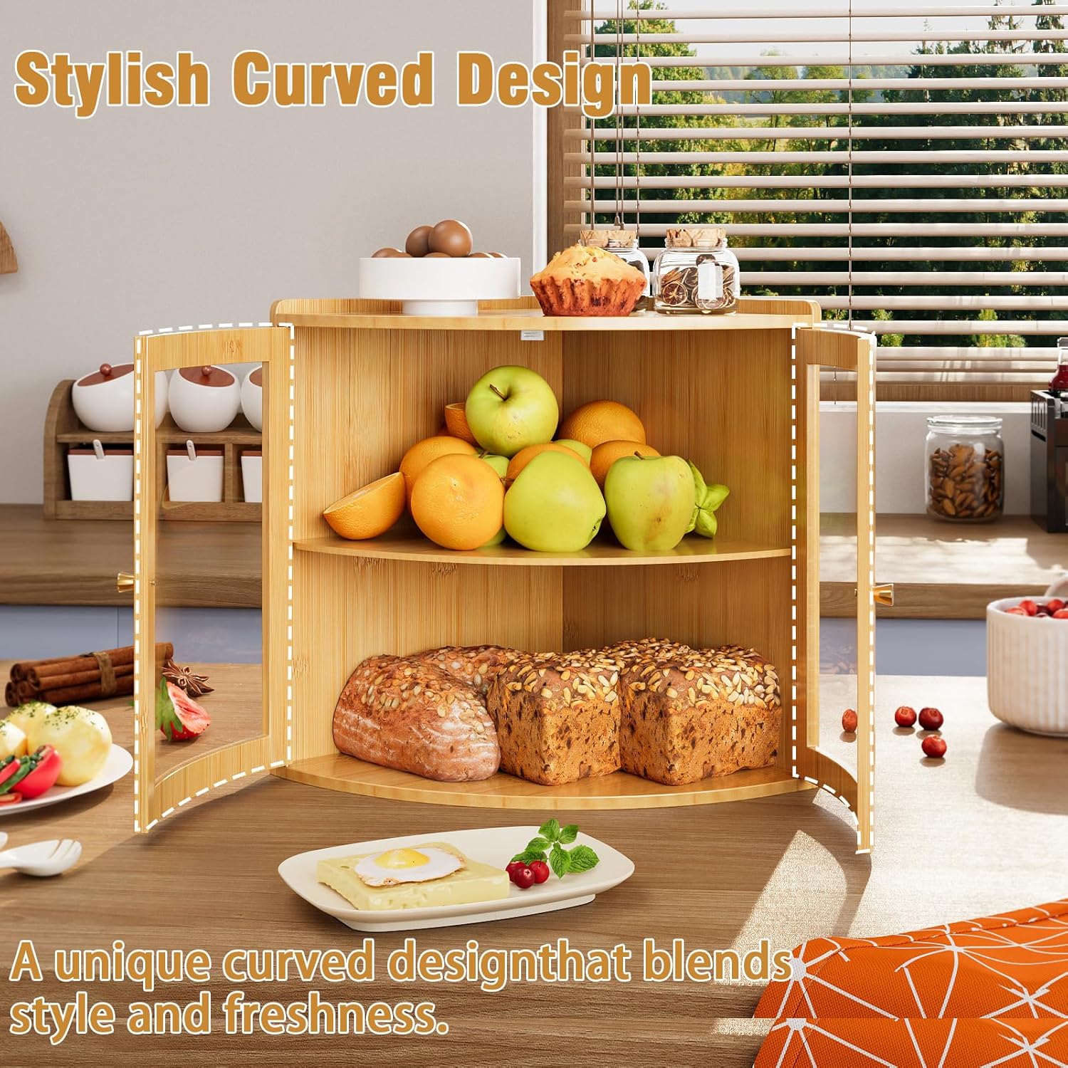 Bamboo Corner Bread Box for Kitchen Counter with Acrylic Transparent Door Large Capacity Bread Holder Double Layer Bread Storage Container for Homemade Bread (Natural Bamboo)