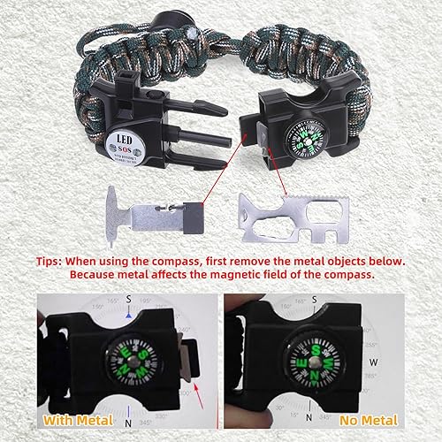 Miniatura 7 de Pulsera de cuerda de paracaídas de supervivencia ajustable, paquete de 2 kits de inicio de fuego de emergencia con silbato fuerte, brújula, luz de