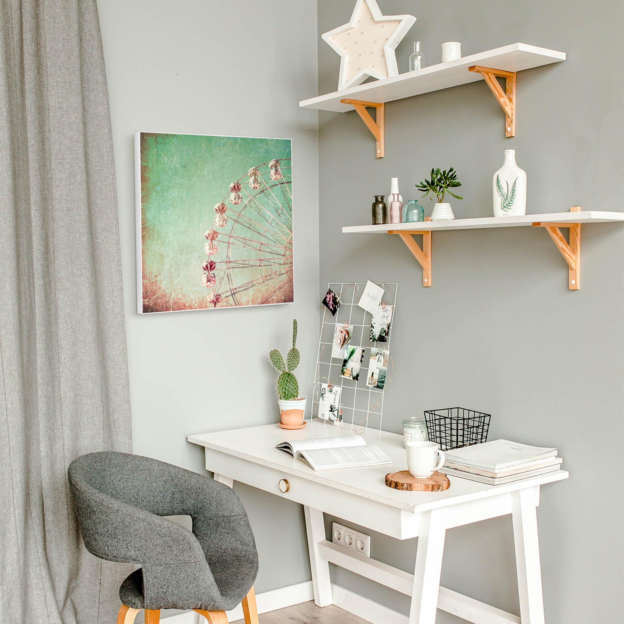 banjado Magnettafel 50 x 50 cm/Magnetwand aus Metall/Magnetpinnwand als Memoboard/Pinnwand Magnettafel Küche, Büro, Kinderzimmer inkl. 4 Magnete & Montageset - Motiv Riesenrad 1