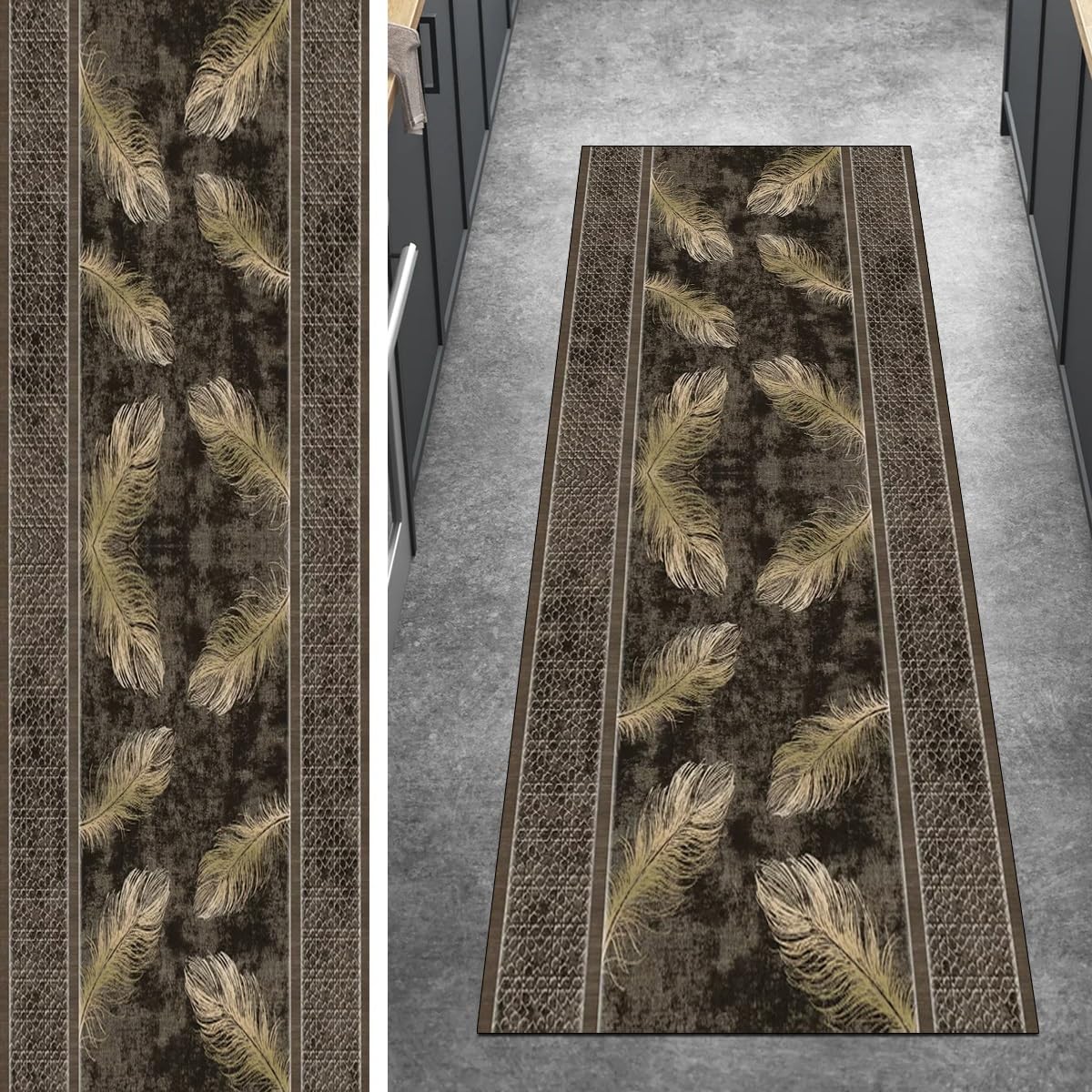Tapis de couloir lavable et antidérapant marron à plumes 120x240