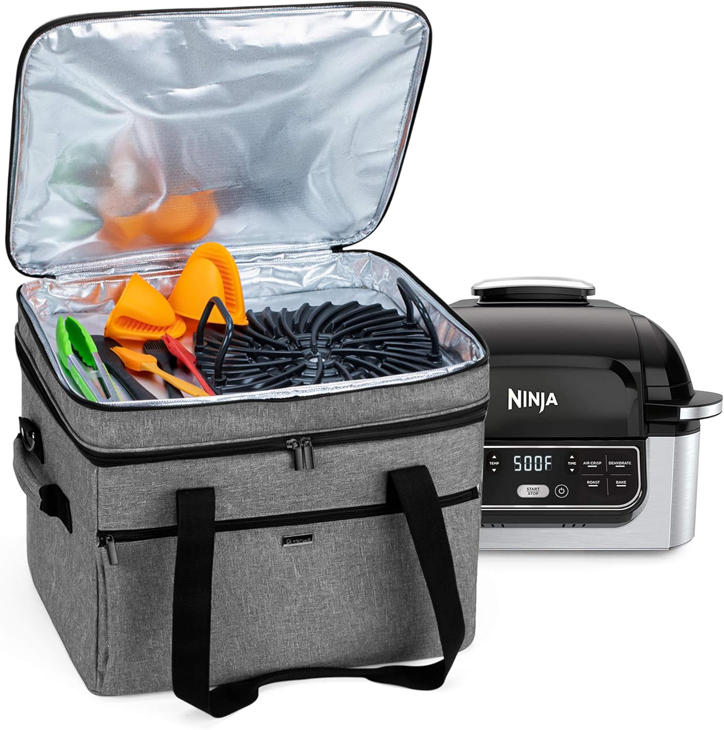 Yarwo 2026 Upgraded Carrying Bag Compatible with Ninja Foodi Indoor Grill AG301/IG651, Double-Layer Travel Case Carrier with Utensil Section for Kitchen Appliance and Supplies, Gray (Bag Only)